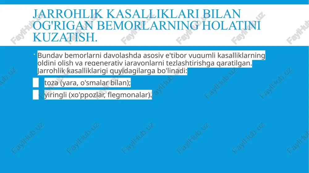 ng. 4. oshqozon, orqa va oyoq-qo'llari xuddi shunday tozalanadi. jarrohlik sohasi ayniqsa ehtiyotkorlik bilan operatsiyadan 0,5-1 soat oldin tozalanadi. operatsiyadan oldingi davrda bemorlarga g'amxo'rlik qilish (tashish, operatsiyaga tayyorgarlik, tozalovchi huqna, jarrohlik joyini tayyorlash). operatsiyadan oldingi davrda bemorlarga g'amxo'rlik qilish (tashish, operatsiyaga tayyorgarlik, tozalovchi huqna, jarrohlik joyini tayyorlash). operatsiyadan oldingi davrda bemorlarga g'amxo'rlik qilish (tashish, operatsiyaga tayyorgarlik, tozalovchi huqna, jarrohlik joyini tayyorlash). operatsiyadan keyingi davrda ichak harakatini rag'batlantirish, shuningdek, ich qotishi, ichak bosimning oshishi va ichakdan qon ketishi oldini olish uchun huqnalar ko'rsatiladi. moyli huqna gipertenziv huqna ognevga ko'ra huqna tozalashtiruvchi huqna. sifon klizmasi. fauler holati operatsiyadan oldingi davrda bemorlarga g'amxo'rlik qilish (tashish, operatsiyaga tayyorgarlik, tozalovchi huqna, jarrohlik joyini tayyorlash). operatsiyadan keyingi davrda bemorlarni parvarish qilish (sun'iy shamollatish va drenaj sharoitida nafas olish yo'llarini parvarish qilish) mexanik ventilyatsiya bilan og'rigan bemorlar intensiv terapiya va reanimatsiya bo'limlarida yotgan bemorlar orasida eng ko'p qaram va eng og'ir kontingent hisoblanadi.ularning hayoti butunlay respiratorning ishiga …