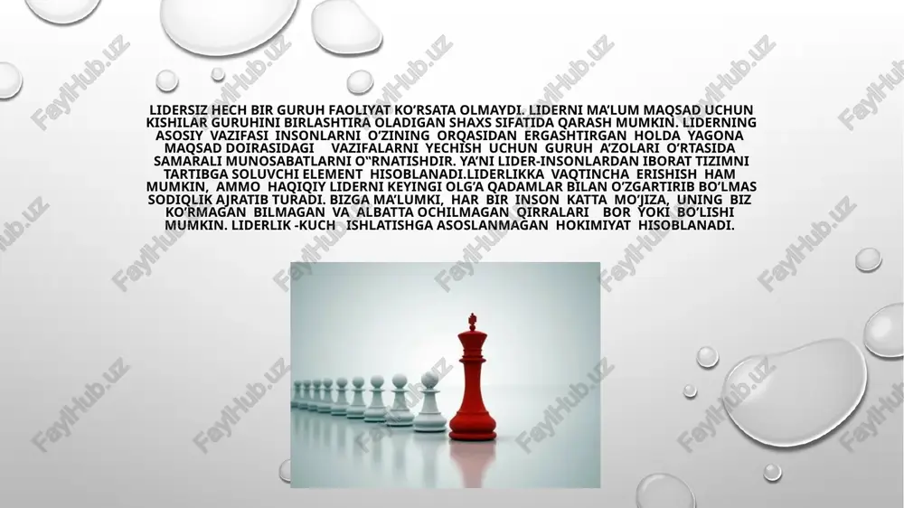 na cheklanadi xolos. jamoada hamkorlik yo’q. xodimlar bilan muloqotda bo’lishga to’g’ri kelganda, u doimo xushmuomila bo’lib, odob, axloq normalarini buzmaslikka xarakat qiladi, lekin xech qachon ular bilan tortishmaydilar. olimlarning fikricha, bunday rahbar ishi olib borgan jamoada barcha ko’rsatkichlar doimo orqada, qo’nim ham yo’q.masalan, rahbarning mustaqil fikrlilik, topqirlik, tashabbuskorlik sifatlari. chunki ayrim xollarda xato qilsa ham rahbar original fikrlar aytib, yo’l-yo’riqlar ko’rsata olishi, xar bir ko’rsatilgan fikr, qilingan ishga mustaqil baho bera olishi zarur. e’tiboringiz uchun tashakkur image3.png image4.jpeg image2.png image5.jpeg image6.jpeg image7.jpeg image8.jpeg image9.jpeg image10.jpeg image11.jpeg image12.jpeg image13.jpeg image14.jpeg image15.jpeg image1.png /docprops/thumbnail.jpeg