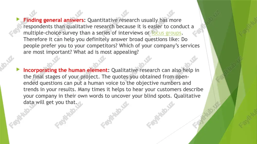 internet service?” instead you could ask a closed-ended, quantitative question like in the following example. the internet service is reliable: always most of the time about half the time oncein a while never qualitative questions take longer to answer. survey respondents don’t always have the patience to reflect on what they are being asked and write long responses that accurately express their views. it’s much faster to choose one of several pre-loaded options in a questionnaire. using quantitative questions helps you get more questions in your survey and more responses out of it. quantitative survey questions are just more… quantifiable. even word responses in closed-ended questionnaires can be assigned numerical values that you can later convert into indicators and graphs. this means that the overall quality of the data is better. remember that the most accurate data leads you to the best possible decisions. examples of how to use qualitative …
