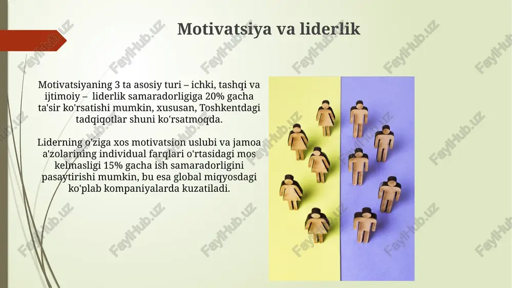 a 10% dan yuqori darajada samaradorlikni ta'minlashga qodir bo'lib, bu esa singapur kabi yuqori rivojlangan davlatlarda amaliyotda tasdiqlangan. qaror qabul qilish qaror qabul qilish jarayonida 70% gacha holatlarda hissiy omillar ta'sir ko'rsatishi, xususan, stressli vaziyatlarda, masalan, toshkentdagi yirik korxona rahbarlari orasida kuzatilgan. individual farqlarni hisobga olgan holda, taxminan 30% qarorlar optimallashtirilgan strategiyalar orqali, qolganlari esa intuitiv ravishda qabul qilinadi. demokratik liderlik demokratik liderlik, 70% dan ortiq guruh a’zolarining fikrini inobatga olgan holda, qarorlar qabul qilish jarayonini tezlashtiradi va shu bilan samaradorlikni 20% ga oshirishi mumkin, masalan, yaponiyaning toyota kompaniyasida qo‘llaniladi. demokratik liderlik uslubi, guruh uyushqoqligi va motivatsiyasini 35% ga ko‘tarishi mumkin, bu esa xodimlarning ishga bo‘lgan qiziqishini va natijada, germaniya kabi mamlakatlardagi korxonalarda mahsulot sifatini yaxshilashga yordam beradi. liderlikning kelajagi 2030-yilga kelib, sun’iy intellekt yordamida liderlik potentsialini aniqlash texnologiyalari rivojlanadi va dunyoning 10 ta eng yirik kompaniyalarida qo‘llaniladi, bu esa kadrlar tanlash jarayonini tubdan o‘zgartiradi. kelajakdagi liderlikda 360 daraja baho …
