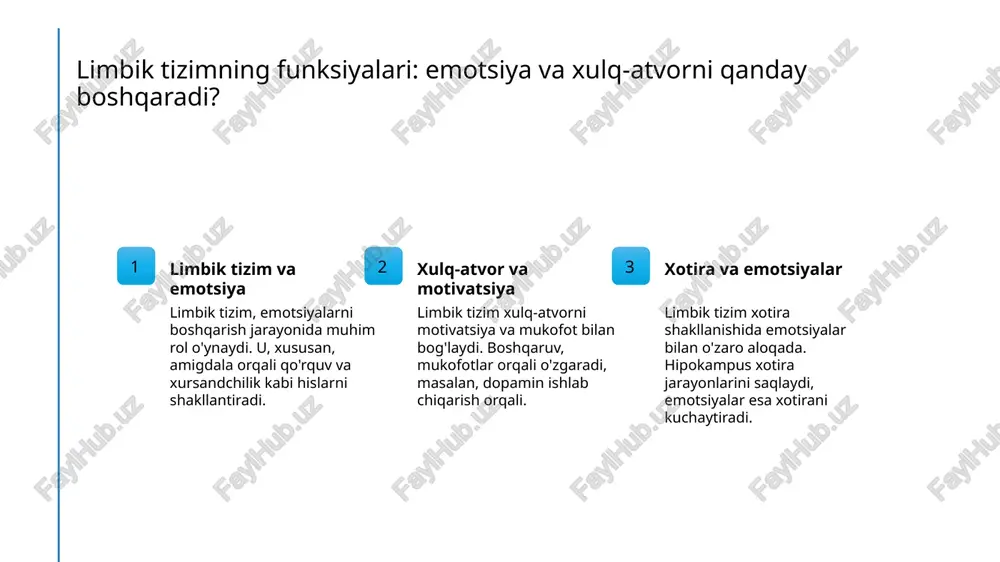 i kuchaytiradi va saqlaydi. xulosa 1 limbik tizimning ahamiyati limbik tizim, emotsiyalar va xulq-atvorni boshqarishda muhim rol o'ynaydi, insonlarning ruhiy holatini va qaror qabul qilish jarayonini shakllantiradi. 2 emotsiyalar va xotira emotsiyalar xotira jarayonlariga ta'sir ko'rsatadi, bu esa muhim voqealarni eslashimizga yordam beradi, shuningdek, xotira shakllanishida limbik tizimning roli katta. 3 xulq-atvor va o'zgarishlar limbik tizim xulq-atvorni shakllantirishda va o'zgarishlarda asosiy omil hisoblanadi, bu esa insonlar hayotida muhim muammolarni hal qilishda yordam beradi. foydalanilgan adabiyotlar 1. jumaniyazov a. emotsiyalar va xulq-atvor: limbik tizim va uning roli. toshkent: fan, 2022 2. rahimov b. limbik tizim va xotira. o'zbekiston psixologiya jurnali, 2021 3. siddiqov t. limbik tizimning nevrologik asoslari. o'zbekiston tibbiyot jurnali, 2023 4. azizov n. emotsiya va xulq-atvor o'rtasidagi bog'lanish. o'zbekiston fanlar akademiyasi, 2020 5. qodirov d. limbik tizim va uning asosiy tuzilmalaridagi o'zgarishlar. toshkent davlat universiteti, 2021 e'tiboringiz uchun rahmat! /docprops/thumbnail.jpeg