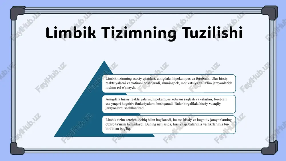 o‘nalishlari kelajakda po‘stlog‘ bilan bog‘liq tadqiqotlar, o‘zgaruvchanlik va neyroplastiklikni o‘rganishga qaratiladi. sun'iy intellekt va mashina o‘rganish tadqiqotlarga yangi imkoniyatlar yaratadi. limbik tizimi va katta yarim sharlar po‘stlog‘i: kirish - limbik tizimi va katta yarim sharlar po‘stlog‘i inson ruhiy holati uchun muhimdir. - ularning o‘zaro bog‘liqligi: limbik tizim xotira, his-tuyg‘ular va xatti-harakatlarni boshqaradi. - po‘stlog‘ esa yuqori darajadagi fikrlash va qaror qabul qilish jarayonlarini ta’minlaydi. - ushbu tizimlar ruhiy salomatlik va muammolarni hal qilishda muhim rol o‘ynaydi. limbik tizimi va katta yarim sharlar po‘stlog‘i: integratsiya integratsiya jarayoni limbik tizim va katta yarim sharlar po‘stlog‘ining birgalikdagi ishlashini ta'minlaydi. limbik tizim his-tuyg‘ular va xotirani boshqaradi, katta yarim sharlar esa ma'lumotlarni qayta ishlaydi. ularning o‘zaro ta'siri misollarda ko‘rinadi: hissiy xotira va kognitiv jarayonlar. ilmiy tadqiqotlar bu integratsiyaning ahamiyatini tasdiqlaydi. limbik tizimi va katta yarim sharlar po‘stlog‘i: emotsional boshqaruv - limbik tizim emotsiyalarni boshqarishda muhim rol o‘ynaydi. - stress va hissiy javoblar limbik tizim orqali …