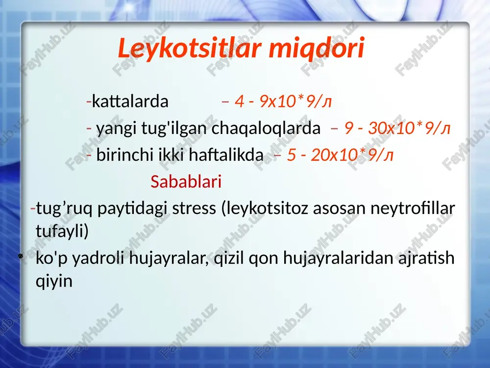 a buyrak kasalliklari, qon quyishdan keyingi holatlar) degenerativ siljish(qorin tifi, sil va h.k.) : leykopeniya, t/y neytrofillar nisbiy miqdori ortishi, miyelositlar va yoshlarning bo’lmasligi. t/y va s/y neytrofillarda degenerative o’zgarishlar kuzatiladi. leykositozlarda leykositar formulatining o’zgarishi o’ngga siljish tiplari neytrofili e b m mm t/y s/y lim mon 1 - - - 5 55 32 7 1 - - - 2 80 32 7 lus= 3.5x109 ysi=0,04-0,03 degenerator + degeneratornie izmeneniya leykotsitov infeksiyalarning ko’pchiligida aralash regenerative-degenerative siljish o’rinli: leykositoz, t/y ko’payishi, yosh va miyelositlarsiz neytrofillarda degenerativ o’zgarishlar. leykositozlarda leykositar formula siljishi chapga siljish tiplari neytrofillar e b m mm t/y s/y lim mon 1 - - - 5 55 32 7 1 - - 6 14 35 32 7 lus= 10-20x109 regeneratorli-degenerator + leykositlar degenerator o’zgarishlari leykositoz– umumiy leykositlar miqdori(>9 g/l) yoki ularning alohida morfologik shakllarining normaning yuqori chegarasiga nisbatan ko’payishi. leykositozlar tasnifi etiologiyasi bo’yicha: fiziologik patologik etiologiya va patogenez bo’yicha …