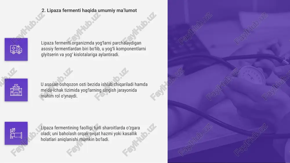 natijalari tajriba davomida olinadi. har bir namunadan olingan ferment darajasi alohida qayd etilishi juda muhimdir. 01 03 05 olingan ma'lumotlar asosida jadval tuzilib, ferment faolligi son jihatdan ifodalanadi. bu holat analizni aniqroq qilish imkonini beradi. tahlil natijalarini solishtirganda fermentlarning qanday sharoitda yuqori faollikka ega ekanligi aniqlanadi. bunda grafiklardan foydalanish tavsiya etiladi. 12. natijalarni qayd etish va tahlil qilish lipazani solishtirma faolligini o‘lchash biokimyoviy tadqiqotlarda muhim bosqichdir. bu reaksiya fermentning substratga nisbatan faolligini aniqlash imkonini beradi. amaliy misollar orqali fermentning ishlash samaradorligini kuzatish mumkin. tajribalar muvaffaqiyatli bo‘lishi uchun aniq sharoitlar va nazorat qilinuvchi omillar muhimdir. masalan, turli harorat va ph darajasida lipaza faolligi farq qiladi. ferment uchun optimal sharoitni topish tajribaning asosiy maqsadidir. 13. amaliy misollar lipazani solishtirma faolligini oʻlchashda uskunalarning aniqligi muhim ahamiyatga ega. noto‘g‘ri o‘lchovlar natijaga salbiy ta’sir koʻrsatishi mumkin. kamchiliklar orasida uskunaning sezuvchanligi past bo‘lishi, reaktivlar sifati yomonligi va laboratoriya sharoitining standartga mos emasligi mavjud. aniqlikni oshirish uchun …
