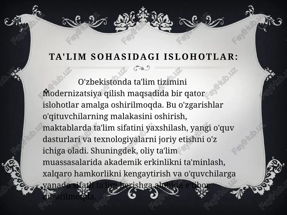 y birdamlikni mustahkamlash va tarixiy merosni nishonlashga xizmat qiladi. 7. turizm va milliy qadriyatlar: o'zbekistonning tarixiy obidalari, madaniy meros joylari va an'anaviy me'morchilik inshootlarini saqlab qolish va rivojlantirishga katta e'tibor berilmoqda. davlat tomonidan madaniy meros ob'ektlarini restavratsiya qilish, ularni turizm sohasida ommalashtirish, shu orqali milliy qadriyatlarni dunyo miqyosida tanitish maqsadida ko'plab dasturlar amalga oshirilmoqda. bularning barchasi milliy qadriyatlarni asrab-avaylash va rivojlantirishga qaratilgan keng qamrovli tashabbuslar va harakatlardir. ularning asosiy maqsadi — o'zbek xalqining tarixiy merosi, madaniy an'analari va qadriyatlarini kelajak avlodlarga yetkazish va dunyoga tanitishdir. etiboringiz uchun rahmat! image3.png image4.png image5.png image2.png /docprops/thumbnail.jpeg