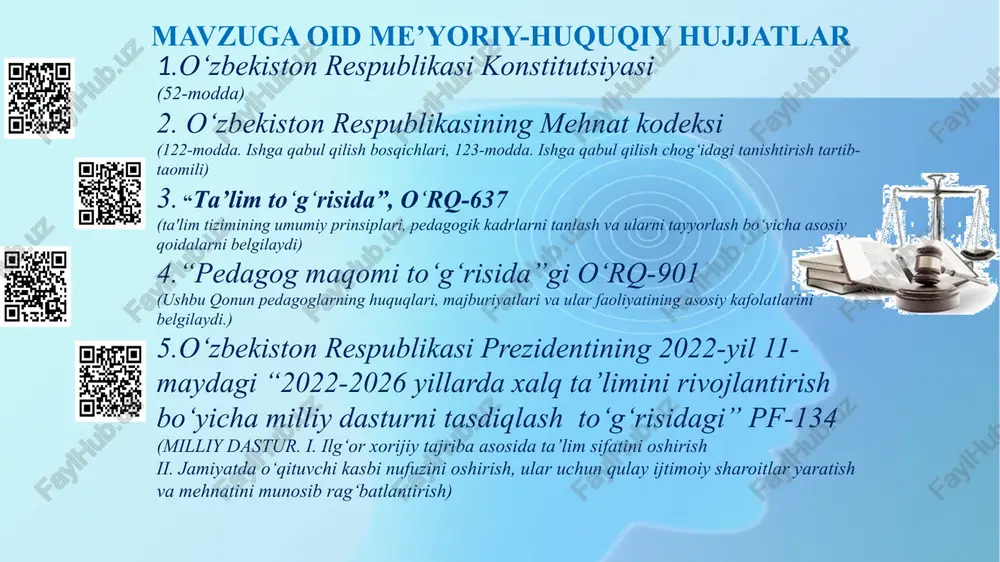 tish chora-tadbirlar rejasi rejalashtirilgan chora-tadbirlar amalga oshirish mexanizmi ma’sullari va muddati kutilayotgan natija salohiyatli kadrlar bilan ta’minlash istiqbol rejasini tuzish tug‘ruqgacha va tug‘ruqdan keyingi ta’tilga ketuvchi, nafaqaga chiquvchi va boshqa sabablar hisobiga har oy kadrlarga bo‘ lgan ehtiyojni aniqlab boriladi direktor, kadrlar menenjeri o‘tibdo‘ 2024 yil 5-noyabrdan har oy oxiriga kadrlarga bo‘lgan ehtiyoj o‘z vaqtida qoplanadi vakant o‘rinlar haqida oav e’lonlar berish va nomzodlar bazasini shakllantirish hududdagi malakali o‘qituvchilar ro‘yxatini tuzib borish, ular bilan yuzma-yuz yoki onlayn suhbatlar o‘tkaziladi direktor, kadrlar menenjeri o‘tibdo‘ har chorak yakunida salohiyatli kadrlar bazasi shakllanadi xodim bilan suhbatlar o‘tkazis, ishga qabul qilingan xodimni jamoaga moslashtirish va zarur treninglar o‘tkazish stajo‘r o‘qituvchilarni kuzatib borish va jamoaga moslashtiriladi va zarur treninglar o‘tkaziladi o‘tibdo‘ mmibdo‘ har chorak yakunida kadrlarning bilim darajasi, pedagogik mahorati, tajribasi va shaxsiy fazilatlari rivojlanadi mahalliy va xalqaro tajribaga tayanib nomzodlarning motivatsiya va shaxsiy rivojlanish dasturlarini taqdim etishni tashkil qilish mahalliy va xalqaro tajribasini o‘rganiladi. …