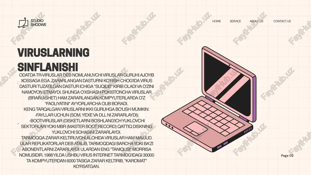 chi tomonidan ishga tushishi mumkin. avp scanner modulini ishga tushirish uchun quyidagilarni bajarish kerak bo'ladi: k amerika qo'shma shtatlarida antivirus dasturlaridan symentec kompaniyasining norton antivirus va network associates kompaniyasinig mcafee dasturlari keng tarqalgan. rossiya, o'zbekistonda yuqorida ko'rsatilgan antivirus dasturlar bilan birgalikda rossiya federasiyasida ishlab chiqarilgan doctor web va avp antivirus dasturlar kompleksi qo'llaniladi. 2005 yilning yakuni bo'yicha kasperskiy laboratoriyasining avp antivirus kompleksi eng yaxshi dastur sifatida tan olingan. u modullardan iborat bo'lib, har bir modulni yangilash imkoni mavjud, ya'ni dasturni butunlay o'zgartirmasdan yangi versiyasiga almashtirish mumkin. avp kompleksi quyidagi modullardan tashkil topgan: - avp control center - avp ning boshqarish markazi. - avp scanner (avp skaner) - tashqi xotirani viruslardan tozalash uchun xizmat qiladi. xulosa kompyuter virusi ular ma'naviy qashshoq, hayotdan va boshqalardan alamzada dasturchilar tomonidan g’arazli maqsadlarda yozilgan dastur. ular odatda, ko'p martalab nusxalanadi va ijrochi fayllarga "yopishib oladi". ularning "ishga tushishi" oqibatida goh displeyda turli yot yozuvlar paydo …