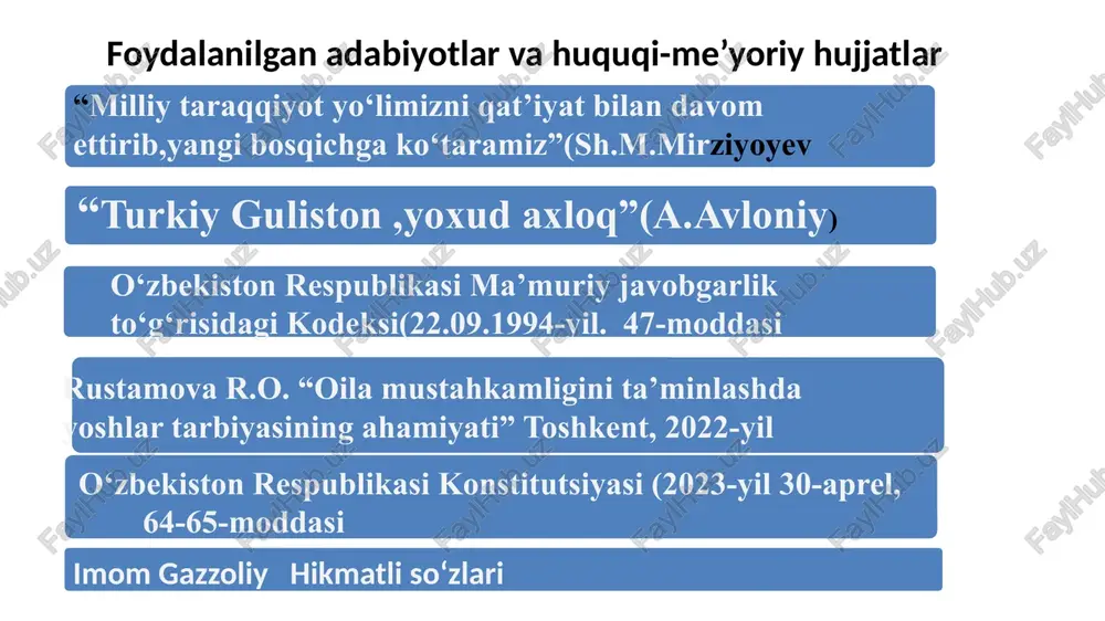 tarbiyasida kuzatilayotgan har qanday o‘zgarishlardan ota-onalarining bexabarligi ota-onalar uchun maxsus treninglar tashkil etish, ”ochiq eshiklar”kuni ular bilan farzand tarbiyasiga oid ma’lumotlar,yutuqlar, kamchiliklar haqida suhbat tashkil etish maktab direktori, mmibdo‘ mahalla,kuzatuv kengashi,sinf rahbarlar,maktab psixologi o ‘quv yili davomida ta’lim sifari yaxshilanadi . o ‘quvchida ishonch paydo bo ‘ladi.ota-onalarda maktabdan qoniqish hissi shakllanadi. 3 ota-ona, o‘quvchi , o‘qituvchi hamkorligi yaxshi yo‘lga qo‘yilmaganligi o‘quvchining maktabdagi holatidan doimiy ota-onani xabardor qilib turish, ota-ona ,o‘qituvchi munosabatlarini yaxshilash maktab direktori, mmibdo‘ mahalla,kuzatuv kengashi, sinf rahbarlar,maktab psixologi doimiy o‘qituvchi yaxshi munosabatlardan ilxomlanib, o‘z ustida ko‘proq ishlaydi. maktabda esa ta’lim samaradorligi oshadi. e’tiboringiz uchun raxmat! ota-ona va o‘qituvchi aloqalarini faollashtirish, ota-onalarda maktab faoliyatidan qoniqish darajasini oshirish orqali nurli manzil tomon borish va yuksak marrani zabt etish mumkin! image1.png image2.png image3.jpeg image4.jpeg image5.png image6.gif image7.png image8.gif image9.png image10.jpeg image11.jpeg image12.png _____microsoft_office_excel1.xlsx image13.jpeg image14.jpeg list1 znacheniya x znacheniya y razmer 0.7 2.7 10 1.8 3.2 4 2.6 0.8 8 dlya …