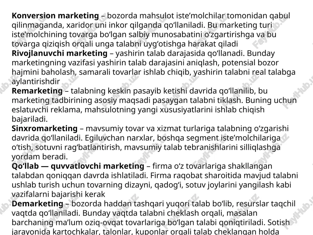 qiqotlari tarkibi uning maqsad va vazifalari bilan belgilanadi hamda o’zaro bog’liq bo’lgan ikki tomonni – aniq bir bozorning va bozorga chiqish, u yerda mustahkam o’rin egallash uchun firmaning o’z imkoniyatlarini tadqiq etishni taqozo etadi. bozorni tadqiq etish firma faoliyatini tadqiq etish bozor sharoitlarini o’rganish va tadqiq etish firmaning potentsial imkoniyatlarini tadqiq etish talab tahlili firma xo’jalik faoliyatining shakli va usullarini tahlili taklif tahlili raqobatchi firmalar faoliyatining tahlili iste’molchilarning tovarga nisbatan talabaning tahlili firmaning raqobatbardoshligini o’rganish mahsulotning raqobatbardoshligi tahlili firmaning raqobat imkoniyatlarini baholash tovarga qiziquvchi xaridor firmalarning tahlili tijorat amaliyoti, transport, huquqiy, savdo-siyosiy sharoitlarni o’rganish bozor tadqiq etish bozor hajmini aniqlash, uning rivoji yo’nalishlari va mavsumiy omillarni tahlil etish; bozorni tasnif etish; bozor sub’ektlarini, bozordagi savdo shakli va usullarini o’rganish; iste’molchilar tarkibini yoshi, mintaqalar bo’yicha joylashuvi, ijtimoiy holati, jinsi, oila tarkibi, haridorlik hulqi va boshqa muhim mezonlar bo’yicha, bozor strukturasida yuz berayotgan yoki kutilayotgan siljishlar to’g’risidagi masalaga e’tiborni kuchaytirgan holda aniqlash; …
