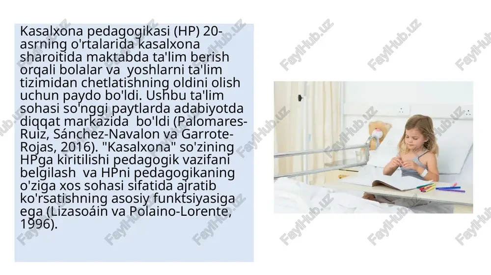 avolash jarayoni bilan bog'liq kognitiv va boshqa kamchiliklari to'g'risidagi tavsiyalarini hisobga oladi va ularga qat'iy amal qiladi. kasalxona o‘qituvchilari tibbiyot xodimlari, uzoq muddat kasal bo‘lib qolgan bolaning ota-onalari hamda maslahat va amaliy yordam ko‘rsatuvchi psixologik yordam xizmati bilan har kuni aloqada bo‘ladi. uzoq vaqt davomida kasal bo'lgan bola bilan mashg'ulotlar kasalxona maktabining maktab sektorida (tibbiyot muassasasi hududida) yoki to'g'ridan-to'g'ri kasalxona bo'limida, bolaning yotoqxonasida (agar o'quvchining harakati cheklangan bo'lsa) o'tkaziladi. nazorat savollari: 1. gospital pedagogikani vazifasi nimalardan iborat? 2. xorijiy mamlakatlarda gospital pedagogika an’analari va xususiyatlari haqida nimalar bilasiz? 3. uzoq muddatli davolanishga muhtoj bolalar va o‘smirlarning huquqlari haqida tushuncha bering? foydalanilgan adabiyotlar: 1. äärelä, t., määttä, k., & uusiautti, s. (2018). kasalxona maktab pedagogikasi nuqtai nazaridan ota-onalar va o'qituvchilar hamkorligining muammolari. bolaning erta rivojlanishi va parvarishi, 188(6), 709-722. doi: 10.1080/03004430.2016.1230108 2. serradas fonseca, m. (2015). la ko'p o'lchovli kasalxonaga oid rolik. educ@ción en contexto, 1(2), 38-55. https://educacionencontexto dan olindi image2.jpg …