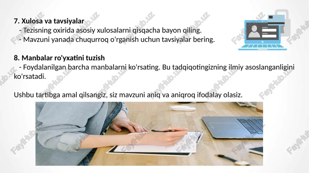 uvchiga o'zi uchun qiziqarli mavzuni tanlash va chuqurroq o'rganish uchun yo'l ochadi. 4. ilmiy tan olinganlik va obro’ orttirish - maqola: nufuzli ilmiy jurnallarda maqola chop etish tadqiqotchining o‘z sohasidagi obro‘sini oshiradi va uni tan olinishini ta’minlaydi. bu ilmiy karyera va tadqiqot fondlari olishda ham yordam beradi. - tezis: ilmiy anjumanlarda tezis bilan qatnashish tadqiqotchiga o‘z ishini taqdim qilish va hamkasblari bilan muloqot qilish imkoniyatini beradi, bu esa ilmiy sohada tanilishga yordam beradi. 5. kelgusidagi tadqiqotlar uchun asos yaratish - maqola: ilmiy maqolalar boshqa tadqiqotchilar uchun asosiy manba bo'lib xizmat qiladi. bunda yangi tadqiqotlar mavjud ishlardan ilhomlanadi yoki mavjud bilimlarga yangicha yondashadi. - tezis: tezis tadqiqotning umumiy qirralarini ko'rsatadi va mavzuni kengroq yoritish uchun qo'shimcha tadqiqot olib borishga undaydi. xulosa maqola va tezis ilm-fan va bilim almashinuvi jarayonining ajralmas qismidir. ular yangi bilimlarni keng jamoatchilikka yetkazadi, o'zaro muloqot va hamkorlik uchun imkoniyat yaratadi va ilmiy taraqqiyotni rag‘batlantiradi. , e’tiboringiz uchun …