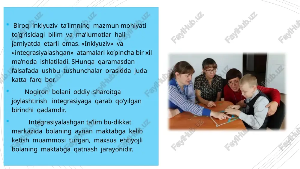 olaridan biridir. ammo bugungi kunda ham juda ko’plab bolalar turli xildagi sabablarga ko’ra ta’limdan chetda qolib ketmoqdalar. inklyuziv ta’limga jalb qilishning tashkiliy, ilmiy-uslubiy choralarini ko’rib chiqish ya’ni mutaxassislarini tayyorlash, malakasini oshirishga oid tadbirlarni ishlab chiqish lozim. alohida yordamga muxtoj bolalarni umumta’lim muassasalariga jalb qilishning ikki asosiy omili bor: birinchidan, alohida ehtiyojga ega bo’lgan bolalar ham sog’lom bolalar bilan birgalikda o’zaro faoliyat ko’rsatishlari mumkin. inklyuziv ta’lim maqsadga muvofiq tarzda tashkil etilsa, maxsus ehtiyojli bolalar ijtimoiy tomondan himoyalanadilar, sog’lom bolalar esa ijtimoiy adolat va tenglikning tan olinishi buyukligini nogiron bolalarga nisbatan yanada mehribon va e’tibor bilan munosabatda bo’lishni his etadilar. ikkinchidan, nogiron bolalar ham sog’lom tengdoshlari bilan yonma-yon o’qish, tarbiyalanish huquqiga ega ekanligi. bu ishlarni muvaffaqiyati xar bir davlatning qonunlarida aks etilishi zarur. chunki, qonunlar, ularni kerakli moddiy va ma’naviy resurslar bilan ta’minlanishini amalga oshirishni kafolatlaydi. imkoniyati cheklangan bolalar-o’quvchilarga ta’lim berishda, ota-onalar, mahallalar pedagoglar, mutaxassislar hamkorligida faoliyat ko’rsatishlarini talab qilinadi va majburiy …