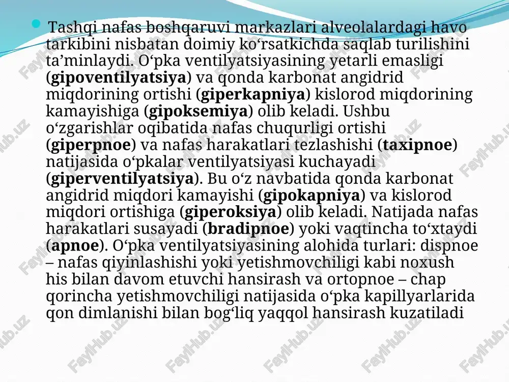 lig’iga yorilishi natijasida ). qonli balg‘am (sputum sanguinolentum) – o‘zida qon aralashlarini saqlaydigan balg‘am (masalan, o‘pka rakida nafas yo‘llarining biridan qon ketishi). "zangli" balg‘am (sputum rubiginosum) - balg‘am kon aralash, zang rangida bo‘ladi bu tarkibida gemoglabin bo‘lishi natijasida yuzaga keladi (masalan, pnevmoniyada, silda paydo bo‘ladi). marjonsimon balg‘am - balg‘am tarkibida yumaloq ulanish, atipik hujayralar va detritdan tashkil topgan (masalan, yassi to‘qimali bronx rakida kuzatiladi). hansirash (dyspnoe) hansirash – nafas olish yoki nafas chiqarishga to‘sqinlik tug‘ilganligi sababli nafas mushaklari faoliyatining patologik ortishi yoki nafas tezligi, chuqurligi va muvozanatining buzilishi hisoblanib, odatda havo yetishmaslik, nafas qiyinlashishi hissi bilan kechadi. hansirashning yuzaga kelish sabablari turlicha bo‘lib, uning asosiylariga nafas markazining giperkapniyasi, reflektor, toksik va boshqa ta’sirlar kiradi kelib chiqishi bo‘yicha hansirash farqlanadi: fiziologik hansirash – kuchli jismoniy zo‘riqish yoki o‘ta kuchli ruhiy qo‘zg‘alishda kuzatiladi. patologik hansirash – nafas, yurak qon-tomir, qon yaratish, markaziy nerv tizimlarining turli kasalliklari va zaharlanishlarda kuzatiladi. hansirashni eng ko‘p …