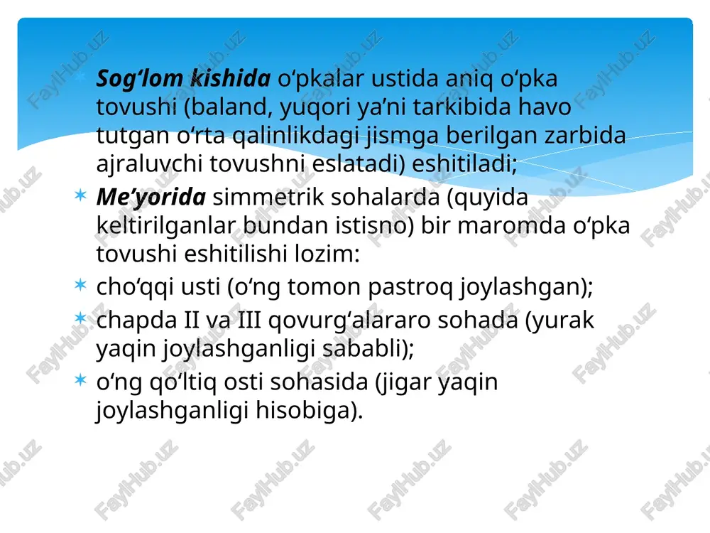 (taxminiy nisbati 3:2) xos; ko‘krak qafasining ikkila yarmida ham eshitiladi; kattalarda kuzatilmaydi. pueril nafas vezikulyar nafasning fiziologik susayishi mushaklar o‘ta rivojlanishi yoki teri osti qavatida yog‘ning ortiqcha to‘planishi hisobiga ko‘krak devori qalinlashganda. vezikulyar nafasning fiziologik kuchayishi ko‘krak qafasi tor bo‘lgan, asosan astenik tana tuzilishiga ega, mushaklari va teri osti yog‘ qavati sust rivojlangan shaxslarda hamda jismoniy zo‘riqishda kuzatiladi. kuchaygan vezikulyar nafas doimo ko‘krak qafasi devori ingichka, o‘pkalar cho‘ziluvchanligi yaxshi bo‘lgan bolalarda eshitiladi. alveolalararo to‘siqlarning atrofiyasi va yemirilishi oqibatida ular umumiy miqdorini yaqqol kamayishi va nafas chiqarish vaqtida bujmayish qobiliyatiga ega bo‘lmagan yirik pufakchalar paydo bo‘lishi sababli vezikulyar nafasning patologik susayishi ro‘y beradi. vezikulyar nafasning patologik susayishi pnevmoektomiya; plevra bo‘shlig‘ida suyuqlik yoki havo mavjudligi; atelektaz; bronx bo‘shlig‘ini o‘sma bilan to‘silishi. vezikulyar nafas mavjud emas vezikulyarga nisbatan baland tovushli, nafas olish va chiqarish nisbati 1:1; nafas olish va chiqarish oralig‘ida tanaffus yo‘q; bronxlar daraxti yallig‘lanishi va bo‘shlig‘ida shilliq mavjudligi hisobiga ular bo‘shlig‘ining …