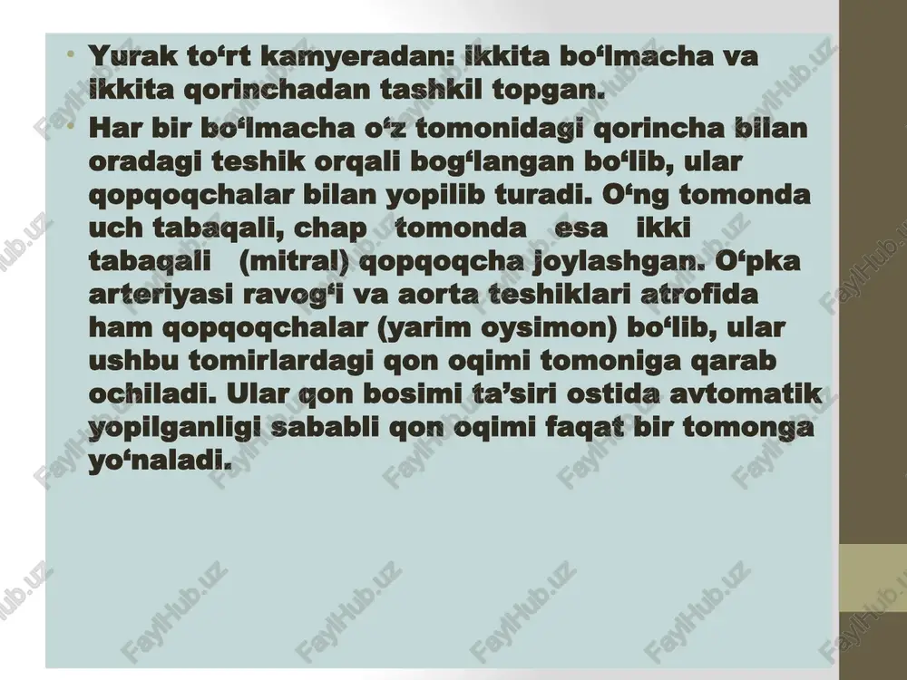 o‘satdan o‘tkir boshlanuvchi chap qorincha yetishmovchiligi bilan bog‘liq. oqibatda o‘pkada alveolyar va interstitsial shish rivojlanadi. o‘pkaning interstitsial shishiga (yurak astmasi) xos: xurujsimon boshlanuvchi nafas siqishi ortopnoe holati yo‘tal (tussis) yo‘tal yurak chap bo‘lmacha va qorinchasi yetishmovchiligining muhim belgisi hisoblanib, yurak qon-tomir kasalliklariga chalingan bemorlarda kichik qon aylanish doirasida uzoq muddatli dimlanish va bronxlar shilliq qavatining shishi oqibatida yo‘tal ryetsyeptorlarining qo‘zg‘atilishi sababli yuzaga keladi. yo‘tal odatda quruq, ba’zan oz miqdorda balg‘am ajralishi mumkin. aorta anyevrizmasida adashgan nyerv qo‘zg‘alishi oqibatida ham quruq yo‘tal kuzatiladi. shishlar yurakning og‘ir kasalliklarida katta qon aylanish doirasida venoz dimlanish natijasida shishlar yuzaga keladi. ular avvalo to‘piqlarda va oyoq panjasining yuza tomonida paydo bo‘lib, keyinroq asta-syekin tizzagacha ko‘tariladi. og‘ir holatlarda suyuqlik qorin bo‘shlig‘ida yig‘iladi (astsit) va bemorlar undagi og‘irlik hissiga hamda o‘lchamlarining kattalashganiga shikoyat qiladilar. umumiy ko’rik u quyidagicha o‘tkaziladi: umumiy ko‘rik yurak sohasi ko‘rigi tomirlar ko‘rigi umumiy ko‘rikda e’tibor beriladi: bemorning umumiy ko‘rinishiga -bemor holatiga teri va …
