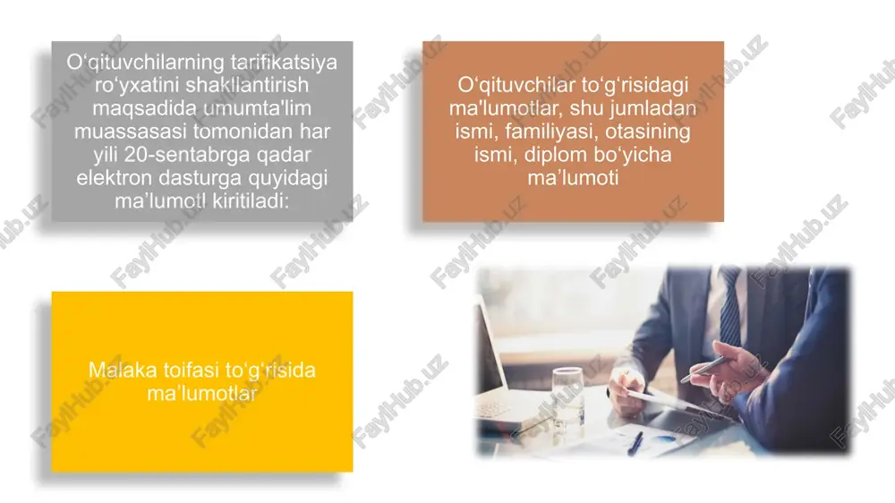 ng o‘rinbosarlari) tomonidan asosiy lavozimning bir haftada 10 soatgacha hajmda o‘qituvchi lavozimi bilan qo‘shib olib borilganligi (o‘quv yuklamasi yuritilishiga) hamda ular tomonidan bajarilgan dars soatlariga soatbay haq to‘langanligi yakka tartibda o’qitganligi uchun o‘zbekiston respublikasi vazirlar mahkamasining 2021 yil 12.10 dagi “ alohida ta’lim ehtiyojlari bo’lgan bolalarga ta’lim berishga oid normativ –huquqiy hujjatlarni tasdiqlash to‘g‘risida” 638-sonli qarorga asosan amalga oshiriladi. daftarlarni va yozma ishlarni tekshirganlik uchun qo‘shimcha haq o‘qituvchining daftarlar va yozma ishlar bo‘yicha tekshiriladigan fanlarning umumiy soatlari va sinf komplektidagi o‘quvchilar sonidan kelib chiqqan holda hisoblanganligi sinf rahbarligi uchun qo‘shimcha haq sinfdagi o‘quvchilar soniga ko‘ra belgilangan miqdorlar bo‘yicha hisoblanganligi; umumta’lim muassasalarida o‘qituvchilarga bittadan ortiq sinfga rahbarlik qilish mehnatini soatbay asosda olib boruvchi o‘qituvchilarga sinfga rahbarlik qilishga yo‘l qo‘yilmasligi (bunda boshlangich sinflarda sinf rahbarligi ona tili, o‘qish va matematika fanlaridan dars o‘tadigan o‘qituvchilarga yuklatiladi) informatika kabinet mudirligi uchun qo‘shimcha to‘lovlar belgilangan miqdorlar asosida informatika kabineta soniga ko‘ra hisoblanganligi; informatika kabinet mudirligi …