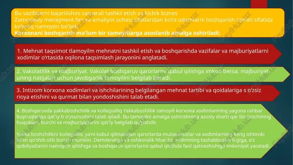 sining o’z biznesini boshqaruv darajasi va (personal)ishchilar bilan boladigan aloqsi bu omilga boqliq. qunarmand mulk egasining o’zi bo’ladi, ozi boshqaruvchi , o’zi ishchi, kichik tadirkor o’z koxonasini o’zi boshqaradi va ishchi personal bilan yaqindan aloqada boladi. o’rta korxona egasi menejment uchun mutaxasis menejerlar yollaydi va ular orqali koxonani boshqaradi. yirik tadbirkor(korxona egasi)ning korxnani boshqarishga, uning xodimlari , ayniqsa ishchilari bilan aloqasi bolmaydi. kichik biznes va xususiy tadbirkorlikni afzalliklari, kamchiliklari, xususiyatlari kichik biznes menejmentidagi sifat omillarini tashkil qilsada, u miqdoriy omillardan kelib chiqadi. miqdoriy omillar kriteriyasi xaqida olimlar orasida bir fikrga kelinmagan. bu qaqida ikki yonalish mavjud bo’lib, birinchi yonalish tarafdorlarining qarashlari asosida tashqi muxit xarakteristikasi yotadi. ikkinchi yonalish tarofdorlari kichik korxonani katta koxonaning kichraytirilgan shakli deb emas, balki katta korxonadan oziga xos xususiyatlari bilan ajralib turuvchi tashkilot sifatida qaraydi. brinchi yonalish o’z ichiga tort xil omillarni oladi_. birinchi gurux omillari iqtisodiyot va ko'yukturani xolatini o’z ichiga oladi. ikkinchi gurux omillariga …