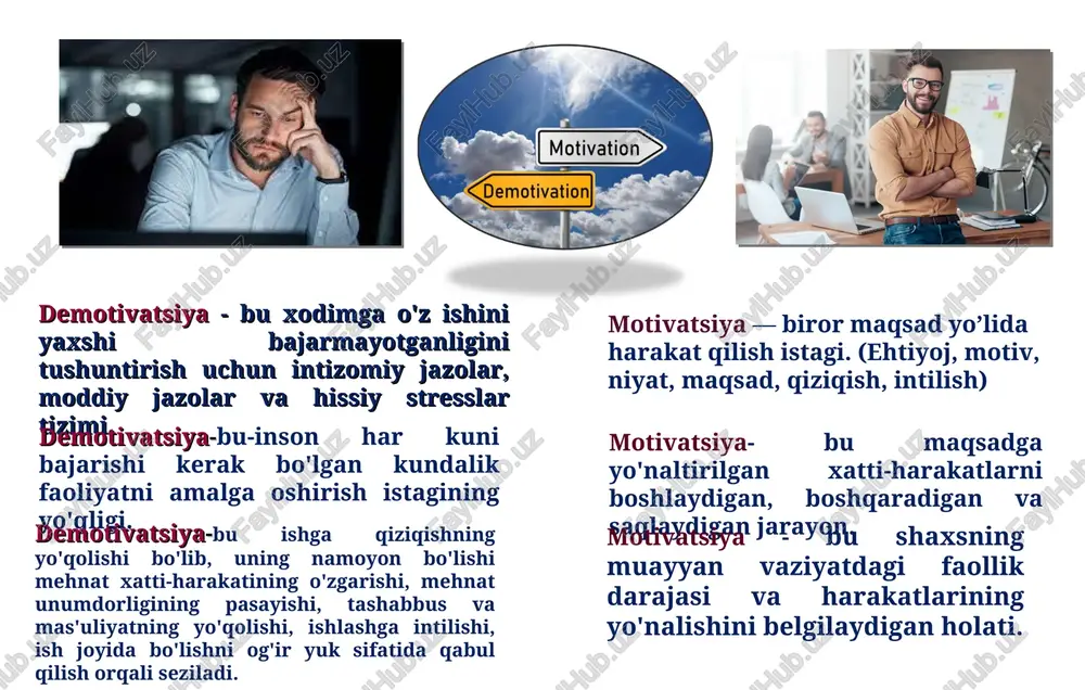 o‘llamsligi. finlandiya maktablarida o‘qituvchilar demotivatsiyaga ega xodimlar bilan ishlashishda yetarli bilimlarga ega. agar o‘qituvchilarning bilim va tajribasi kamlik qiladigan bo‘lsa mutaxassislarga muroojat qilishadi. maktab psixologlari malaka oshirish kurslarida o‘qitish jarayonida demotivatsiyaga ega xodimlar bilan ishlashning usul va metodlarini o‘rgatib borish kerak. shuningdek psixologlar demotivatsiyaga ega bo`lgan xodimlar bilan kunlik treninglar, tashxislar predseduralarini o`tkazishi lozim xisoblanadi. 3 maktablardagi demotivatsiyaga ega o‘qituvchilarning ko‘pchiligi o‘z aybi bilan bo‘lsada, buni tan olmasligi yoki bu vaziyatdan chiqish uchun xarakat qilmasligi yaponiya maktablarida o‘qituvchilar uchun bironta ustama va rag‘bat turi yo‘q ekan. shunga qaramasdan millat kelajagi uchun yoshlarga bilim berishdan to‘xtashmaydi. lekin ularda oylik ish haqi ehtiyoj xarajatlariga nisbatan ancha yuqori demotivatsiyag ega xodimlarni turli treninglar orqali vatanga muhabbat va o‘z kasbiga bo‘lgan sadoqatini oshirish. maktabda imkon qadar 343-sonli qaror ijrosini yoʻlga qoʻyish va natijasi yuqori xodimlar hamda oʻqituvchilarni ragʻbarlantirib borish 4 turli xil motivatsion dasturlarni yetishmasligi. finlyandiya va yaponiya demotivatsiyalangan xodimlar bilan ishlashda o‘z tajribasiga …