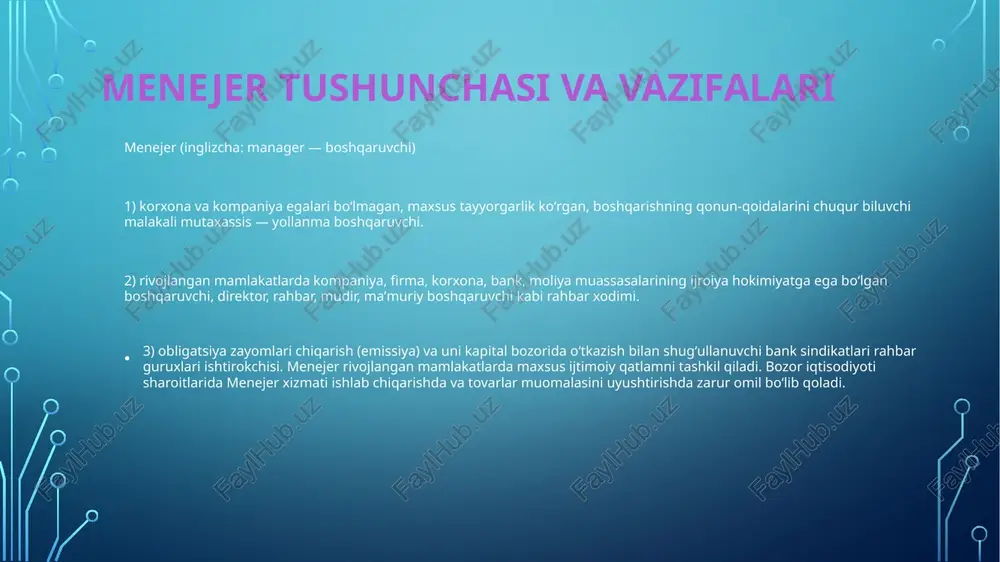 atta, birinchi navbatda xodimlar doirasida norozichilik va tarqoqlikni kelib chiqmasligini taminlashi lozimdir. chunki menejer boshqaruv faoliyatida ish yuritadi. bu esa albatda har xil xodimlar ya’niturli fikrlar degani menejer esa ularni jamlagan holda ish yuritishi lozimdir. bu menejer uchun eng muhim faoliyat turi hisoblanadi. menejerlar mehnatni to’g’ri taqsimlashi va kooperatsiya qilish yo’llarini va boshqaruv apparati xodimlar lavozim yo’riqnomasi bilan yaxshidan tanish bo’lishi maqsadga muvofiqdir. menejer ish faoliyat samaradorligini oshirishda xodimlar o’rtasida aniq rejalashtirilgan maqsadga taya’nib faoliyat yurutishi lozimdir. buning uchun zamonaviy menejerlar amerikalik muhandis garrington emersonni 12 tamoyiliga asoslanishi maqsadga muvofiq. menejerlar, albatta, xodimlarga nisbatan qattiqqo’llik qilish bilan birgalikda ularni o’z vaqtida ish faoliyat harakatlarga qarab rag’batlantirib borishi kerak. chunki bu yo’ndashuv ham samaradorlikni oshiradi.darhaqiqat, zamonaviy menejerlar zamonga va albatta vaziyatga qarab yondashishi muhim hisoblanadi. chunki har bir rahbar zamon bilan ham nafas bo’lsagina ish vaqtini ham to’g’ri taqsimlay oladi. albatta, vaziyatga qarab yondashish esa zamonaviy menejerning qobiliyati sirasiga kiradi. yetakchi …