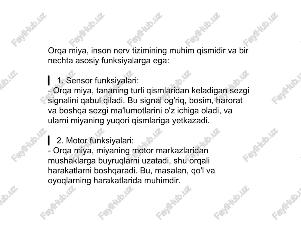 oblarni tezlatuvchi muhim elementlardir. bu jarayonlar stimulyatorlarga tezkor javob berish imkonini yaratadi. orqa miyaning otkazuvchanlik yo'llari muvozanatni saqlash, harakatlar va his-tuyg'ularni muvofiqlashtirishda ahamiyatli ahamiyatga ega bo'lib, insonning normal faoliyatini ta'minlaydi. xulosa orqa miya — bu organizmning hayotiy muhim vazifalarini bajaradigan markaziy nerv tizimining asosiy qismlaridan biridir. u sezgi, motor funksiyalarni boshqarish, refleks jarayonlarini amalga oshirish, va vegetativ funksiyalarni ta'minlash uchun zarur. orqa miyadagi muhim jarayonlar va markazlar organizmning samarali va muvozanatli faoliyatini foydalanilgan adabiyotlar 1. qosimov s. h., asab tizimi fiziologiyasi. toshkent, tibbiyot nashriyoti, 2016. 2. norqulov a. n., odam anatomiya va fiziologiyasi. toshkent, 2014. 3. o‘zbekiston fanlar akademiyasi jurnalida chop etilgan maqolalar