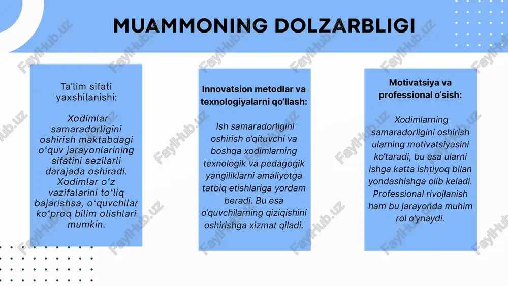 ngi dasturlar ishlab chiqish lozim. masalan, o‘quv dasturlarida innovatsion pedagogik texnologiyalar va metodologiyalarni qamrab oladigan kurslar qo‘shilishi mumkin. xulosa o‘zbekistonda kasbiy rivojlanish dasturlari va treninglarni kengaytirish va samarali tarzda joriy qilish. shvetsiyadagi tajribalardan foydalanib, muvaffaqiyatli rivojlanish dasturlari va treninglarni ishlab chiqish, har bir o‘qituvchining malakasini oshirish va professional rivojlanishga katta ahamiyat berish orqali ish samaradorligini yaxshilash mumkin. ushbu dasturlar, mehnat bozori talablariga mos ravishda o‘zgarib turishi kerak. misol uchun, yaponiya va shvetsiyadagi kabi, ta’lim natijalari va ish samaradorligiga qarab rag‘batlantirish mexanizmlarini joriy qilish mumkin. o‘zbekistonda moliyaviy rag‘batlantirish tizimini rivojlantirish va kengaytirish. bu maqsadda, muntazam ravishda o‘zgarishlarni ishlab chiqish va ish samaradorligini oshirish uchun bonuslar, imtiyozlar va moliyaviy mukofotlarni joriy qilish zarur. takliflar chora-tadbir t/r muammo muammoning yechimini amalga oshirish mexanizmi masʼullar muddati natija 1 qisqa vaqtda ko‘p ishni bajarish zaruriyati 1. har bir xodimning ish yuklamasi va vaqt boshqaruvi tahlil qilinadi. xodimlarning malaka va imkoniyatlariga mos ravishda vazifalarni taqsimlash. 2. …