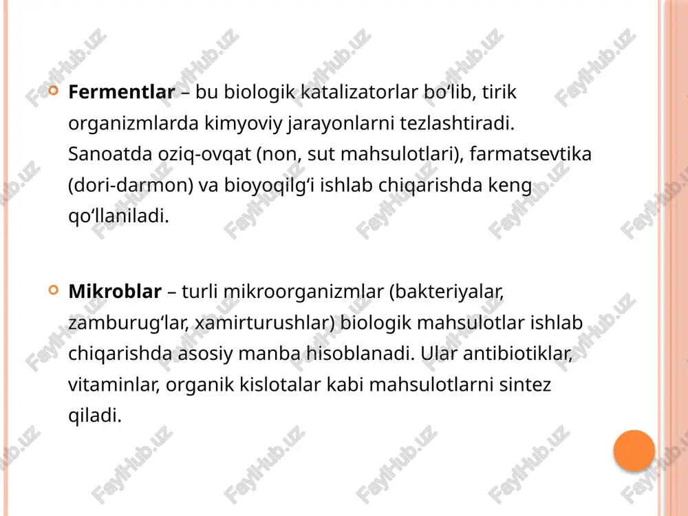 gar-agar: qizil suv o‘tlaridan olinadi, oziq-ovqat va mikrobiologik o‘sish muhitlarini tayyorlashda ishlatiladi. polisaxaridlarning xususiyatlari o‘ta ko‘p energiya saqlaydi: polisaxaridlar uzoq muddatli energiya manbai sifatida ishlatiladi. 2. suvoq qobiliyati: ular suvni o‘ziga tortib, jel hosil qiluvchi yoki qalinlashtiruvchi xususiyatlarga ega. 3. hajmga qarab farqlanadi: polisaxaridlarning hajmi juda katta bo‘lishi mumkin, shu sababli ular biologik tizimlarda o‘zlarining o‘rinlarini mustahkamlaydi. 4. biologik parchalanish: polisaxaridlar tabiiy ravishda parchalanadi, bu ularni ekologik jihatdan toza materiallar sifatida ajratadi. poliefir poliefirlar – bu uzun zanjirli molekulalar bo‘lib, ularning tarkibi efir bog‘lari bilan birikkan monomer birliklardan tashkil topadi. poliefirlar sintetik polimerlar bo‘lib, ularning ishlab chiqarilishi kimyoviy reaksiyalar, ya'ni kondensatsiya reaksiyasi orqali amalga oshiriladi. poliefirlar, odatda, plastik, tolalar, filmsimon materiallar, ko‘pikli materiallar va boshqa ko‘plab mahsulotlar ishlab chiqarishda ishlatiladi. poliefirlarning tuzilishi poliefirlar bir yoki bir nechta turdagi monomerlarning qo‘shilishi orqali hosil bo‘ladi. ular odatda, dikarbon kislotalar (masalan, tereftalik kislotasi) va diyol (masalan, etilen glikol) reaksiyasi orqali sintez qilinadi. poliefirlarning …