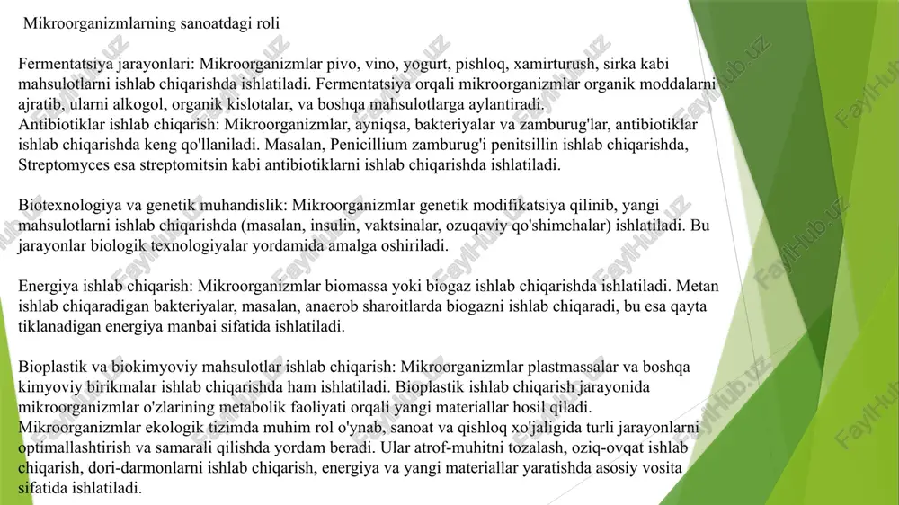 adi (masalan, tuzli osmosik muhitlarda). osmotolerant mikroorganizmlar shakar va tuzga chidamli bo'lib, yuqori osmotik bosimga bardosh bera oladi. 7. sharoitlarning tozaligi mikroorganizmlar uchun o'stirish sharoitlarining tozaligi va sanitariya darajasi ham muhim. zararli mikroorganizmlar yoki kontaminantlar kirib qolmasligi uchun barcha o'stirish sharoitlari va asboblar toza bo'lishi kerak. agar o'stirish jarayonida ifloslanish bo'lsa, bu mikroorganizmlar o'sishini to'xtatishi yoki sifatini pasaytirishi mumkin. 8. o'stirish muhitining ph va oksidlanish-reduksiya potentsiali (orp) o'stirish muhitidagi ph va oksidlanish-reduksiya potentsiali (orp) mikroorganizmlarning o'sishi va metabolizmini ta'sir qiladi. aerobik mikroorganizmlar uchun kislorod mavjudligi va ph muvozanati muhimdir. mikroorganizmlarni o'stirish uchun zarur sharoitlar o'stirish muhitiga, mikroorganizmlarning turiga va ular uchun zarur bo'lgan ozuqaviy moddalariga qarab farqlanadi. to'g'ri harorat, ph darajasi, oziq moddalar va kislorod miqdori mikroorganizmlarning muvaffaqiyatli o'sishiga imkon beradi. sharoitlarning to'g'ri optimallashtirilishi mikroorganizmlarning samarali ishlab chiqarilishi va ko'payishiga yordam beradi mikroorganizmlar uchun o'stirish muhitlarini tanlash mikroorganizmlarning turiga, ularning o'sish talablariga va o'stirish maqsadlariga qarab o'zgaradi. to'g'ri o'stirish muhiti …