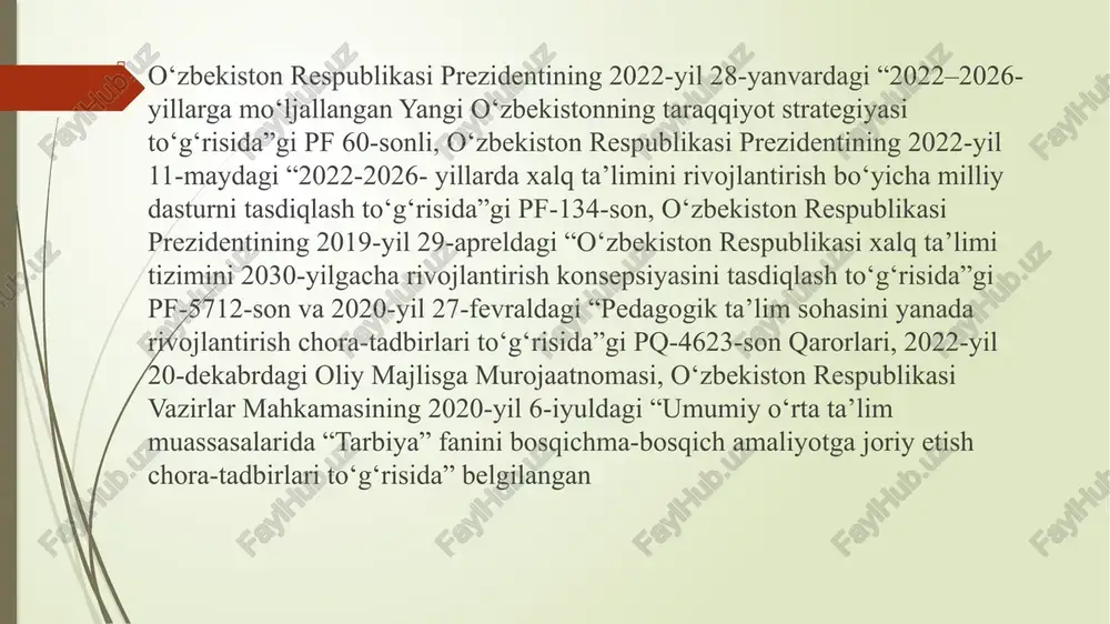at asoslari”, “etnografiya” “axloqshunoslik”, “estetika asoslari”, 4. tabiiy fanlar “yosh fiziologiyasi va gigiena” “umumiy pedagogika” muayyan tizim asosida tashkil etiladigan pedagogik faoliyat, ta’lim-tarbiyaning mazmuni, shakli, metod va vositalari, shuningdek, pedagogik fikrlarning paydo bo‘lish va rivojlanish tarixini, turli davrlarda yoshlar tarbiyasini tashkil etishga oid bilimlarning shakllanishini tadqiq qiluvchi fan. “ijtimoiy pedagogika”–shaxsni ijtimoiylashtirish qonuniyatlari, voyaga yetmaganlar bilan bog‘liq ijtimoiy muammolar (pedagogik qarovsizlik, bolalar ichkilikbozligi, voyaga yetmaganlar jinoyatchiligi, giyohvandligi va fohishabozligi kabilar)ni pedagogik nuqtai nazardan hal qilish, ijtimoiy pedagogik faoliyatni samarali tashkil etish texnologiyalarini yaratish masalalarini o‘rganadigan fan. “pedagogik mahorat” – bo‘lajak pedagog (tarbiyachilar)da pedagogik jarayonni metodik jihatdan to‘g‘ri, samarali tashkil etish, tarbiyachi va o‘quvchi munosabatlarini oqilona yo‘lga qo‘yish, bo‘lajak mutaxassislarni kasbiy faoliyatni tashkil etishga tayyorlash masalalarini o‘rganadigan fan “pedagogik konfliktologiya” – pedagogik konfliktlarning kelib chiqish sabablarini o‘rganish asosida ijobiy xususiyatga ega ziddiyatlarni boyitish, ulardan maqsadli foydalanish, salbiy tavsif dagi nizolarni bartaraf etish yo‘llari, tamoyillari, shakl, metod, vosita va texnologiyasini ishlab chiqish va …