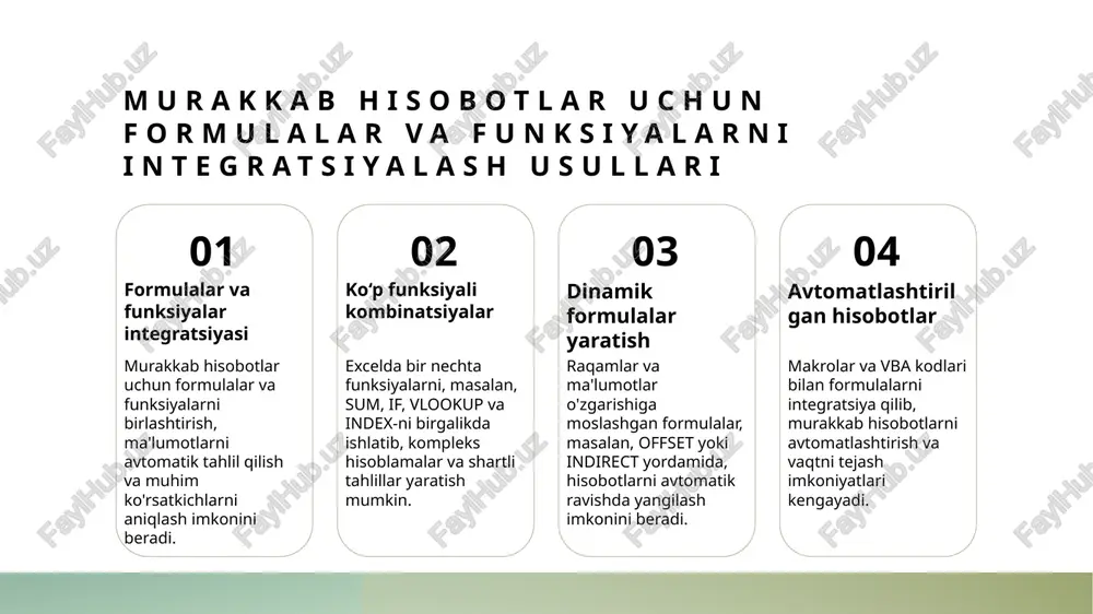 rning professional ko‘rinishini ta'minlaydi. ma'lumotlarni tahlil qilish uchun excelning dinamik vizualizatsiya vositalari dinamik grafikalar va diagrammalar power view va power bi integratsiyasi avtomatlashtirilgan vizualizatsiya vositalari excelda dinamik grafikalar yordamida ma'lumotlarni real vaqtda tahlil qilish mumkin. pivot diagrammalar va interaktiv filterlar bilan analizni kuchaytiradi. power view va power bi yordamida murakkab ma'lumotlarni vizual tarzda taqdim etish, interaktiv hisobotlar va vizual analitikalar yaratish imkonini beradi. excelning avtomatlashtirilgan diagramma va grafikalar funksiyalari yordamida ma'lumotlarni tez va aniq vizuallashtirish mumkin, bu esa tahlil jarayonini soddalashtiradi. xulosa 1 ms excel funksiyalarining kuchli imkoniyatlari excel funksiyalari yordamida murakkab hisobotlar yaratish, ma'lumotlarni tahlil qilish va vizuallashtirish jarayonlarini soddalashtirish mumkin. bu usullar orqali tez va aniq natijalarga erishiladi, shuningdek, avtomatlashtirish imkoniyatlari kengayadi. 2 funksiyalarni integratsiya qilish muhim ahamiyatga ega bir nechta funksiyalarni birlashtirish hisobotlarning aniqligi va ishonchliligini oshiradi, xatoliklarni kamaytiradi va vaqtni tejash imkoniyatini ta'minlaydi, murakkab hisoblamalarni soddalashtiradi. 3 vizualizatsiya vositalari bilan samaradorlik diagramma, grafik va ranglar yordamida …