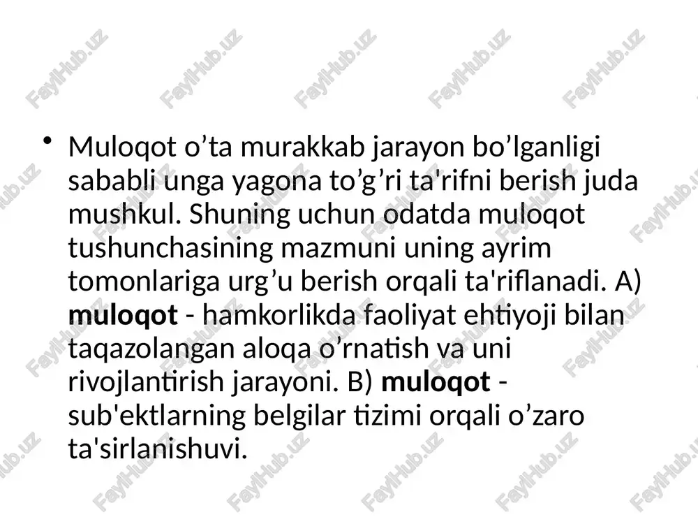 ot inson emosional holatlarining eng muhim determinasiyasidir. chunki turli tuman emosional holatlar muloqot jarayonida paydo bo’ladi va o’zgaradi. l.a.karpenko taklif etgan tasnifga ko’ra, muloqotning quyidagi vazifalari ajratib ko’rsatiladi. aloqa o’rnatish vazifasi - suhbatdoshni aloqaga kirishish uchun tayyorlash; informasion vazifa - suhbatdosh bilan muayyan ma'lumotlar, fikrlar va rejalarni almashish; faoliyatga undash - suhbatdoshni biror harakatni bajarishga stimul-lashtirish; koordinasion vazifa - suhbatdosh bilan hamkorlikdagi faoliyatni tashkil etish va uni amalga oshirishda harakatlarni muvofiqlashtirish; tushunishni ta'minlash vazifasi - suhbatdoshning fikrlari va hissiyotlarini tushunish; amotiv vazifasi - suhbatdoshda muayyan hissiyotlarni uyg’otish hamda ularni o’zgartirish; munosabat o’rnatish - munosabatlar tizimidagi shaxsiy o’rnini, mavqeini aniqlash; ta'sir ko’rsatish - suhbatdoshning xulq-atvori shaxsiy xususiyatlari maqsadlari va ustanovkalarini o’zgartirish muloqotning kommunikativ tomoni birgalikdagi faoliyat davomida odamlar turli fikrlar, o’y-xayollar, his kechinmalar bilan o’rtoqlashadilar. bunda o’y-fikrlar, his-kechin-malarni axborot sifatida, kommunikasiyani esa axborot almashinuvi sifatida talqin etish mumkin. ammo shuni e'tiborga olish kerakki insonlararo kommunikasiya shunchaki axborot almashinuvidan iborat emas. chunki …