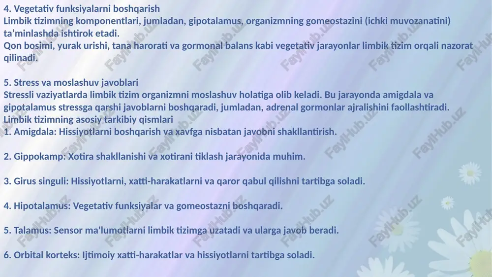 dala xavfli vaziyatlarga javob berishda va hissiy holatlarni tartibga solishda muhim rol o‘ynaydi. stressli yoki xavfli holatlarda limbik tizim "jang yoki qochish" reaktsiyasini faollashtiradi. 2. xotira shakllanishi va qayta tiklanishi limbik tizim, ayniqsa, gippokamp, uzoq muddatli xotirani shakllantirish va uni saqlash jarayonlarida ishtirok etadi. yangi ma'lumotlarni o‘zlashtirish, avvalgi tajribalarni qayta ishlash va ma’lumotni esga olishda muhim rol o‘ynaydi. gippokampning zararlanishi xotira buzilishiga, masalan, amneziyaga olib kelishi mumkin. 3. motivatsiya va mukofot tizimi limbik tizim insonning maqsadga yo‘naltirilgan xatti-harakatlarini shakllantiradi. mukofot tizimi orqali maqsadga erishishga motivatsiya beradi va yoqimli tajribalarning miya faoliyatiga ta'sirini boshqaradi. masalan, ovqatlanish, suv ichish, jinsiy faoliyat va boshqa asosiy ehtiyojlarni qondirish limbik tizim bilan bog‘liq. 4. vegetativ funksiyalarni boshqarish gipotalamus, limbik tizimning bir qismi sifatida, ichki organlarning vegetativ faoliyatini boshqaradi, masalan: qon bosimi, yurak urish tezligi, tana harorati va nafas olishni tartibga solish. gormonlar ajralishi va organizmning gomeostazini ta'minlash. stressli vaziyatlarda gipotalamus kortizol kabi gormonlarning ishlab chiqarilishini …