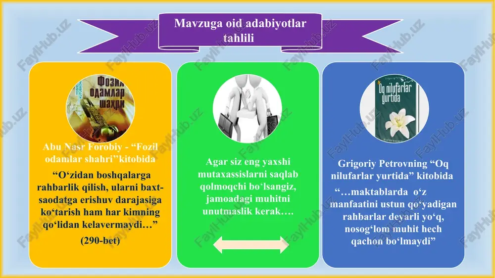 z takliflarini kiritishlari mumkin bo‘lgan ‘‘takliflar va istaklar” qutisini yaratish. chora-tadbir rejasi t/r muammo muammoning yechimini amalga oshirish mexanizmi muddati mas’ullar natija 1 maktab ma’muriyati va pedagog xodimlar o‘rtasida ijtimoiy sog‘lom muhitni yaratish tizimining yo‘lga qo‘yilmaganligi maktab rahbari va amaliyotchi psixolog tomonidan maʼmuriyat va pedagoglar bilan ijtimoiy so‘rovnomalar o‘tkazish va natijasini tahlil qilish. har chorakda direktor maktab psixologi ta’lim muassasasida sog‘lom muhitni shakllantirishga ijobiy ta’sir etish. xodimlarni o‘z kasbini sevishga o‘rgatish.. “maktabda ma’muriyat va pedagog xodimlar o‘rtasidagi ijtimoiy sog‘lom muhit yaratish” mavzusida amaliy trening o‘tkazish. har chorakda direktor maktab psixologi amaliy treninglar maktab muhitini yaxshilash, hamkorlikka asoslangan muhitni yaratishga yordam beradi. o‘qituvchining mas’uliyatini, kasbiy rivojlanishdagi talabchanligini oshirish, jamoada sog‘lom raqobatni shakllantirish, namunali o‘qituvchi mezonlarini ishlab chiqish, baholah va rag‘batlantirib borish yil davomida direktor o‘quv ishlari bo‘yicha direktor o‘rinbosari xodimlarning o‘z kasbiga qiziqishi va ijodkorlik mahorati ortadi. jamoada bir- birini o‘zaro hurmat qilishga, fikrini qo‘llab-quvvatlashga o‘rganadi. . e’tiboringiz uchun rahmat!!! image1.jpeg …