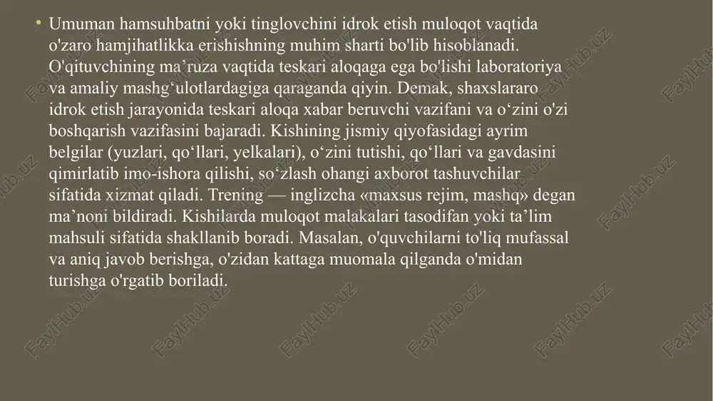 tushunmay qolgan paytingizda siz o'zingizni qanday tutasiz? a) tushunganlar bilan birga kulasiz; b) jiddiyligingizcha qolib, hech kulmaysiz; d) biror-bir kishidan latifa yoki hazilning ma’nosini tushuntirib berishni iltimos qilasiz. 11. davrada o'tirgan paytingizda bexosdan boshingiz og'rib qolsa, o'zingizni qanday tutasiz? a) yuzaga chiqarmaysiz; b) biror kishidan dori so'raysiz; d) davrani tashlab uyga ketasiz. 12. mehmonda o'tirgan paytingizda siz qiziqib tomosha qiladigan ko'rsatuvni favqulodda televizorda berishini bilib qolsangiz nima qilasiz? a) uy egasidan televizomi qo'yib berishini so'raysiz; b) mehmonlaiga xalaqit bermaslik uchun boshqa xonaga o'tib ko'rasiz; d) bir amallab chidaysizkutubxonasi 13. siz mehmonda o‘tiribsiz siz qaysi paytda o'zingizni yaxshiroq his qilasiz? a) mehmonlarning ko'nglini olgan paytingizda; b) boshqalar sizning ko'nglingizni olgan paytda; d) umuman bunga befarqsiz. 14. mehmondorchilikda qancha vaqt qolishni oldindan o'ylab qo'yish odatingiz bormi? a) yo'q; b) ba’zan bu haqda o'ylayman; d) doimo bu haqda o'ylayman. 15. tasavvur qiling, ro'znomaning muxbiri siz bilan suhbat qilyapti? a) suhbatni ro'znomada bosib chiqarsa …