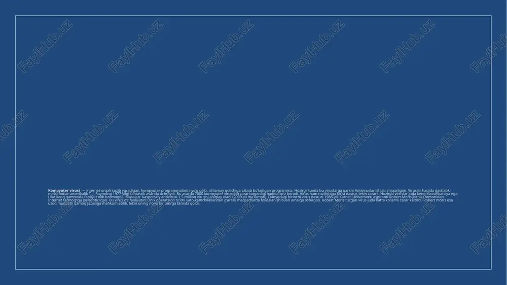 iruslar kompyuteringizning operativ xotirasida (ram) yashaydi va zararli harakatini amalga oshiradi. odatda ularni ishga tushirish uchun boshqa virusdan foydalaniladi. ular o'zlarining ishga tushishga yordam bergan virus yopilgan bo'lsa ham kompyuter xotirasida qoladi, shuning uchun ham ularga yuqoridagi nom berilgan. rootkit viruslari (rootkit viruses) – rootkitlar viruslar orasida o'zlarining eng xavfliligi va yashirinishga ustaligi bilan alohida ajralib turadi. rootkitlar kompyuteringizni yovuz hakerlar tomonidan qo'lga olinishi uchun foydalaniladi. ba'zi rootkitlarni antivirus dasturlari ham aniqlay olmaydi, chunki ular o'zlarini operativ tizim fayllari sifatida ko'rsatishadi. rootkitlar odatda troyanlar tomonidan kompyuteringizga o'rnatiladi. e’tiboringiz uchun raxmat image2.jpg image3.jpeg image4.jpeg image5.jpeg image6.jpeg image7.jpeg image8.jpeg image9.jpeg image10.jpeg /docprops/thumbnail.jpeg