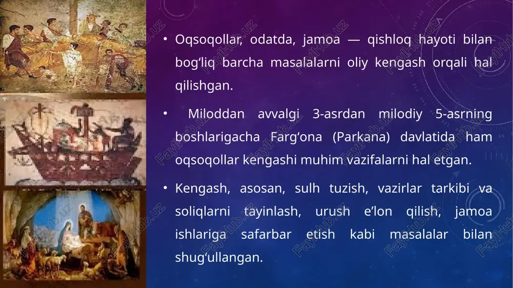 a bo’ldi. mahalla maktablarining yuqori sinf o’quvchilarning ijtimoiy va ma’naviy qiyofalari ham ancha o’zgarib qoldi. ularning aksariyati muassasa, maktablarda tashkiliy ish tajribasiga egalar. oqsoqollarning aksariyat qismi savodxon, ularning ba’zilari ilmiy darajaga egadirlar. mahalla insonlarning axloqiy birlashuvi markazi bo’lishni davom ettirmoqda. bu avvalambor, mahalla qo’mitalari faoliyatlarining asosiy yo’nalishlaridan biri ijtimoiy mehnatlarni, shu jumladan obodonlashtirish bo’yicha ishlarni tashkil qilishda namoyon bo’ladi. bunaqa ishlarning asosiy turlari-ariqlarni tozalash, daraxtlarni kesish, axlatni chiqarish bo’yicha hasharlardir. bunaqa tadbirlar asosan navro’z, ramazon, qurbon hayitlari, mustaqillik kunlari oldidan o’tkaziladi. hashar yo’li bilan uylar, klublar, oshxona, masjidlar bunyod etilmoqda. eng muhim an’analardan biri mehr-muruvvat bo’lib, u quyidagi qiyofalarda namoyon bo’ladi: -jamoaning g’amxo’rligi, qo’shnilarning kasal, keksa va kam ta’minlanganlariga yordam ko’rsatishadi; -o’ziga to’q kishilarlarning kam ta’minlangan qarindoshlariga va qo’shnilarga moddiy yordam berishlari; -oqsoqol va mahalla qo’mitasi tomonidan boquvchisini yo’qotgan va qariyalarga yordam ko’rsatishi va boshqalar. hozirgi kunda mahalla jamiyatda etnomadaniy qadriyatlarni tiklash jarayonida muhim rol o’ynamoqda. nikoh, janoza, aqiqa to’yi, …