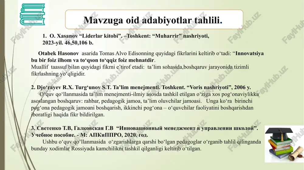 ida oʻqituvchilar va menejerlar muntazam seminarlar, treninglar va konferensiyalarga qatnashadilar loyihalash va rivojlanish dasturlari tashkil qilingan. loyihalar davomida yaxshi natijalar ko‘rsatgan o‘qituvchilar va ularning oilalari jamoatchilik tomonidan e’tirof etiladi. jamoada psixologik treninglar,semenarlar, tadbirlar tashkil qilish orqali liderlarni sonini ko‘paytirish, sog‘lom raqobat muhitini yaratish kerak. kasbiy rivojlanishlari uchun viloyatlarda,chet ellarda tajriba almashishni kengroq yo‘lga qo‘yish. “xalqaro jismoniy reabilitatsiya markazi”ni tashkil qilish . tibbiy tekshiruvlar, shifokor maslahatlari va davolash xizmatlarini yo‘lga qo‘yish jumladan: jismoniy faollik: sport zallari, fitnes mashg‘ulotlari, yoga yoki pilates darslari; sog‘lom ovqatlanish: sog‘lom ovqatlar, dietik maslahatlar va ovqatlanish bo‘yicha seminarlar tashkil etishdir. 10 xulosa maktabda o‘zgarishlarga qarshi bo‘lgan xodimlar bilan ishlashda yangiliklarni jamoa a’zolariga aniq yetkazish, o‘zgarishlar ularning manfaatlari uchun xizmat qilishini to‘g‘ri tushuntirish muhimdir. bu borada albatta xodimlarning fikrlarini inobatga olish, qaror qabul qilish jarayonida ishtirok etishlariga imkon berish, ularga tayyorgarlik uchun resurs ta’minlash lozim. maktabda pullik ta’lim xizmatlarini yo‘lga qo‘yish kerak. xodimlarni yutuqlari uchun rag‘bat berish , …