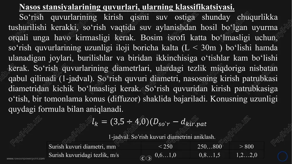 idan ko‘p bo‘ladi. teskari klapan, zadvijka va suv o‘lchagich kabi jihozlar bilan ta’minlangan stansiya binosi ichkarisidagi bosim quvurlari, suvni nasosdan olib tashqi bosim quvurlariga uzatadi. bosim quvurlaridagi tezlik, ularning diametriga nisbatan qabul qili-nadi (11 - jadval). www.rawoonpowerpoint.com nasos agregatlari bosim quvurlarini bir - biriga ulash sxemasi va suv ko‘taruvchi bosim quvurning eng samarali diametri, texnik- iktisodiy hisobdan sung qabul qilinadi. 87 – rasmda bosim quvurlari va ularni bir- biriga ulash usullari ko‘rsatilgan. 87-rasm. bosim quvurlarini bir- biriga ulash sxemalari: a –har bir nasos uchun alohida bosim quvuri; b,v - juft sonli nasoslarda ikkita bosim quvuriga suv uzatish; g, d - toq sonli nasoslardan ikkita bosim quvuriga suv uzatish; ye - yig‘ish kallektorlari orqali bosim quvuriga suv uzatish. www.rawoonpowerpoint.com thank you for watching www.rawoonpowerpoint.com image1.png image2.png image3.png image4.png image5.png image6.png image7.png image8.png image9.png image10.png image11.png image12.png image13.png /docprops/thumbnail.jpeg