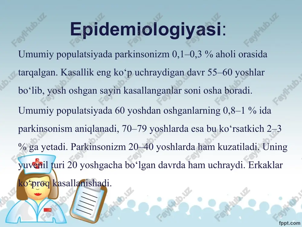 da oshadi. mushaklar tonusini tekshirayotgan vrach avvaliga qarshilik sezmaydi, keyinchalik esa to‘lqinsimon qarshilik seza boshlaydi (tishli g‘ildirak simptomi) va mushak tonusini tekshirish qiyinlasha boradi. spastik gipertonusdan farqli o‘laroq, plastik gipertonusda mushaklar tonusini tekshirgan sayin, u qotib boraveradi. bemorning xatti-harakatlari o‘ziga xos tarzda o‘zgaradi. u kursida o‘tirsa, qotib qolgan odamni, tik tursa – haykalni eslatadi. kursida o‘tirgan bemorga o‘rningizdan turib menga qarab yuring, deb ko‘rsatma berilsa, u ancha vaqtgacha (1−5 daqiqa) o‘rnidan turolmaydi. unga o‘rnidan turish yana eslatilsa ham, buni eplay olmasligi mumkin. bemor o‘rnidan turgandan keyin ham oldinga qadam tashlay olmay bir oz vaqt qotib turadi. bu holat «oyoqning yerga yopishib qolish» simptomi deb ataladi. agar bemorning orqasidan ozgina turtib yuborilsa, u xuddi qo‘g‘irchoqqa o‘xshab oldinga yura boshlaydi (propulsiya), yon tomondan turtilsa – yon tomonga qarab bir-ikki qadam tashlab qo‘yadi (lateropulsiya),old tomonidan turtilsa – orqaga qarab yura (retropulsiya) boshlaydi. shuning uchun ham bunday harakatlar «robot yurishi» nomini olgan. nutq buzilishi …