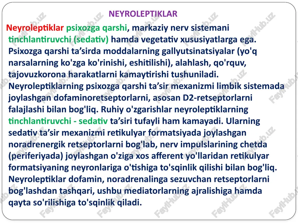 nisbatan kamroq, spazmolitik, talvasaga, gistaminga qarshi xususiyatlari yo'q, uxlatuvchi moddalar ta’sirini kamroq oshiradi, kuchli kataleptik xususiyatga ega. triftazinning salbiy ta’sirlari: ekstrapiramid o'zgarishlar aminazinga nisbatan ko'proq uchraydi, agranulotsitoz, gepatotoksik ta’siri aminazinga nisbatan kamroq. etaperazin psixozga qarshi kuchli ta’sirga ega, ushbu ta’siri bilan triftazinga mos kelib qoladi. qusishga, hiqichoqqa qarshi ta’siri aminazinga nisbatan ustunroq, mushaklarni bo'shashtirish xususiyati sezilarli; uxlatuvchi, narkotik moddalar ta’sirini oshiradi. etaperazin bo'shashish, depressiya bilan kechadigan shizofreniyada va to'xtatib bo'lmaydigan qusish, hiqichoqni bartaraf qilish uchun qo'llaniladi. galoperidolning psixozga qarshi ta’sir mexanizmida uning biologik membranalar o'tkazuvchanligiga, ayniqsa, gamma-aminomoy kislota joylashgan retseptorlarga bo'lgan ta’siri ahamiyatga ega. galoperidol kuchli qusishga qarshi ta’sirga ega, narkotik ta’sir qiladigan moddalar bilan qo'llanganda potentsirlash xususiyati bor, periferik m-xolinolitik, gangliylarni falajlovchi ta’sirlari yo'q. galoperidol shizofreniya xurujlarida, ayniqsa, maniakal holatlarda qo'llanadi. boshqa neyroleptiklar ta’siri bo'lmaganda galoperidol ta’siri ko'pincha natijali bo'ladi, gallyutsinatsiyalarga sezilarli ta’sir ko'rsatadi. modda qo'llanganda bemorlarda bo'shashish, befarqlik holatlari yuz bermaydi, aksincha, faollovchi xususiyatga ega. galoperidol qo'llanilganda ekstrapiramid …