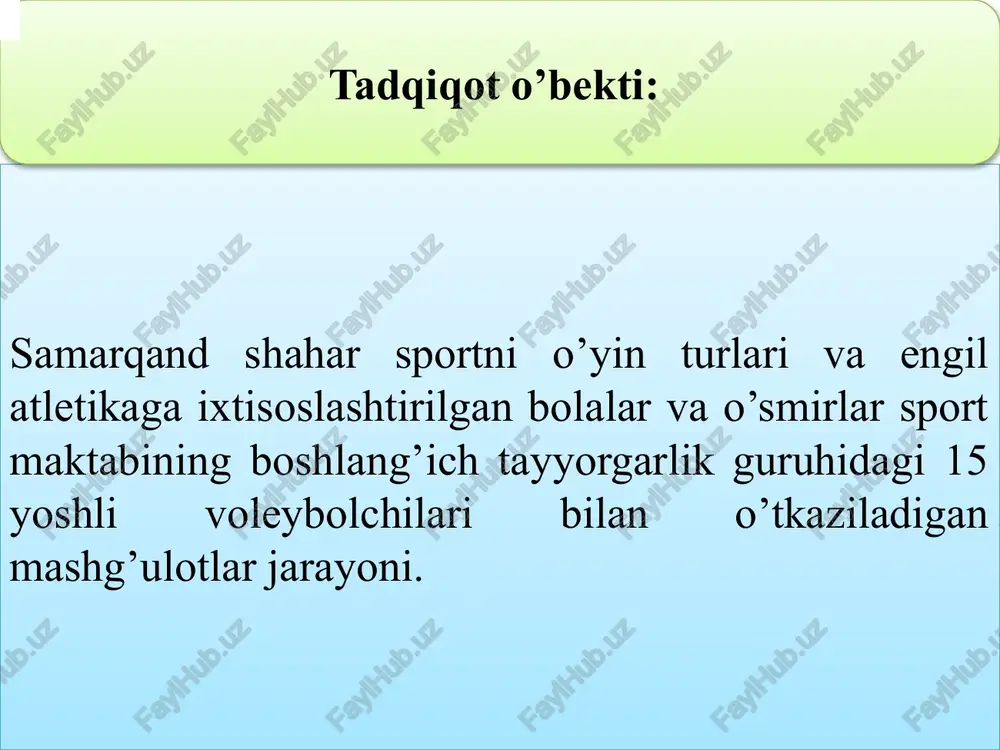idan bajariladi. sakrab turib uloqtirish: dastlabki holat - tik turiladi, oyoqlar baravar qo’yiladi; sakrab turib to’pni otiladi; uloqtirishning har bir turida to’rtta urinishga imkon beriladi, ulardan birinchisi sinov, qolgan uchtasi hisobga olinadi. eng yaxshi natija qayd etiladi. texnik tayyorgarligi darajasini aniqlash uchun to’pni uzatish aniqligiga sinov o’tkaziladi. yosh voleybolchilarning maxsus jismoniy tayyorgarliklari darajasi quyidagi testlar yordamida aniqlanadi: 1.tennis to’pini qo’lga ushlab voleybol maydoniga sakrab,to’r ustidan uloqtirish. (marta). 2. tennis to’pini ko’rsatilgan zonalarga,to’r ustidan sakrab uloqtirish. (marta). 3. oldingi chiziq o’yinchisi har qanday balandlikda uzatilgan to’pga sakrab zarba berish.(marta). 4. voleybol maydoni bo’ylab sherikma-sherik bo’lib turib, 9 metrlik masofadan biri ikkinchisiga to’p uzatadi va sakrab hujumkor zarba ijro etiladi.(marta). 5.to’ldirma to’pni to’r ustidan 2 qo’llab ushlab, sakrab uloqtirish; (marta). 6.to’pni aniq va to’rga tekkizmasdan voleybol maydoniga uloqtirish. tadqiqot samarqand shahar sportning o’yin turlari va engil atletikaga ixtisoslashgan bolalar o’smirlar sport maktabida o’tkazildi. tadqiqot ikki yil davomida 2 guruh ishtirokida amalga oshirildi. …