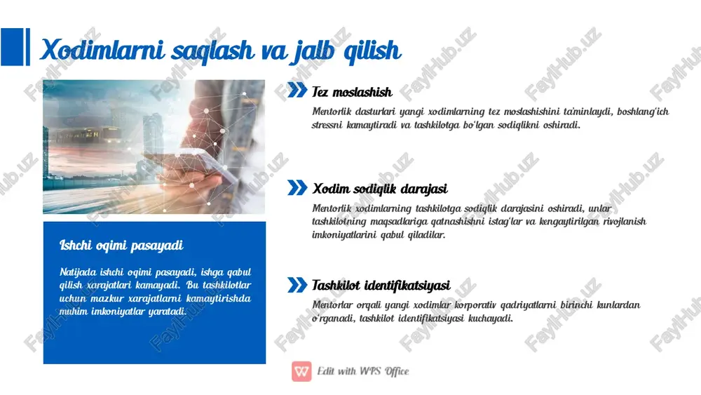 laydi. 03 trender aniqlash grafik ko‘rinishda trender aniqlanadi. bu dasturning samaradorligini o‘lchashda muhim hissa sifatida ishlaydi. o‘tkazilgan tadqiqot natijalari pilot loyiha natijalari o‘tkazilgan 6 oylik pilot loyihada yangi xodimlarning o‘zlashtirish tezligi 32% oshdi, boshlang‘ich 3 oy ichida oqim 18% ga tushdi, mentorlikka ajratilgan 1 so‘m har 4 so‘m foyda keltirdi. mentorni rag‘batlantirish tizimi premi va grantlar muvaffaqiyatli mentorlarga oylik premi, konferentsiya granti, boshqaruv lavozimga tayyorlash, sertifikat va prezident mukofoti kiritiladi. rag‘batlar kpi bo‘yicha rag‘batlar kpi bo‘yicha avtomatik hisoblanadi, shaffof e’lon qilinadi. bu mentorlarning samaradorligini oshirishga yordam beradi. dastur noksanliklarini bartaraf qilish vaqti yetishmasligi eng katta muammolar: mentor vaqti yetishmasligi. ularni bartaraf qilish uchun vaqt bloklari belgilab qo‘yiladi. maqsadsiz uchrashuv maqsadsiz uchrashuv. ularni bartaraf qilish uchun onlayn platforma orqali avtomatlashtiriladi. hisobot ortishi hisobot ortishi. ularni bartaraf qilish uchun hisobotlar soddalashtiriladi. tajribani masshtablash rejas masshtablash rejas muvaffaqiyatli model butun kompaniyaga tarqatiladi: filiallarda koordinatorlar tayinlanadi, onlayn klinikalar tashkil etiladi, yillik milliy mentorlik festivali …