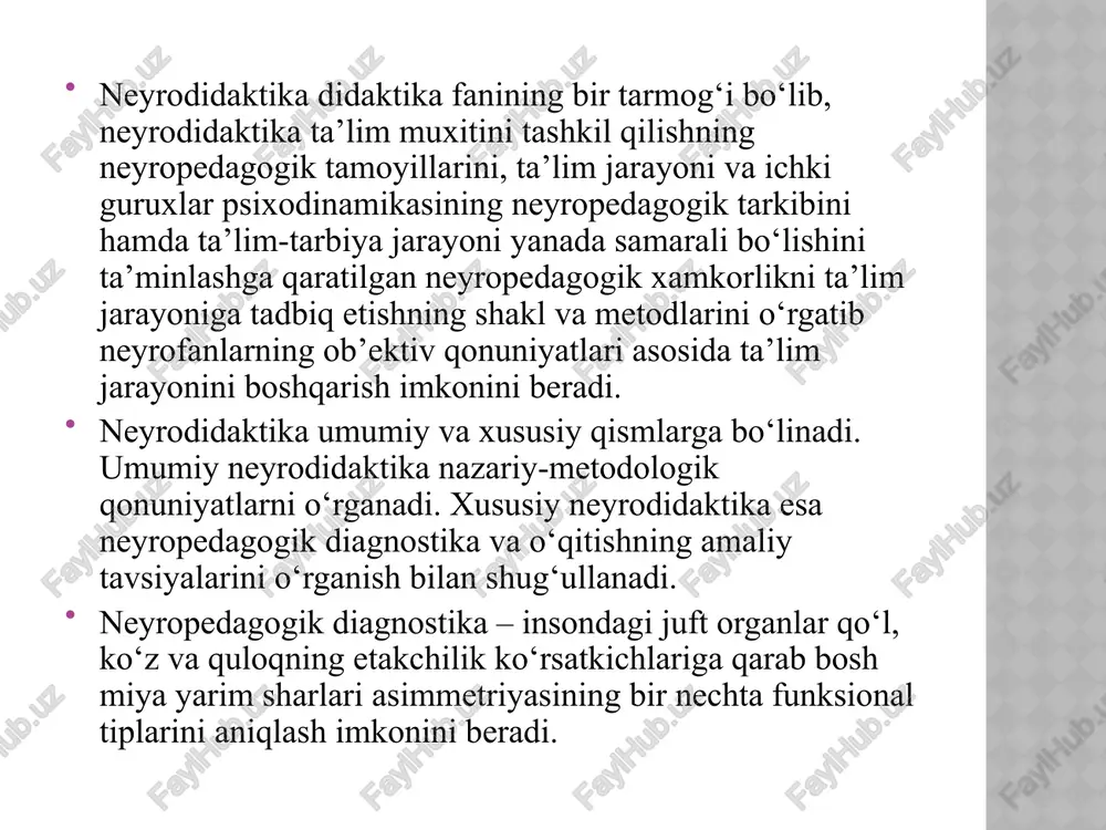son tabiatan bilimga intiladi va qiziqadi. pedagogikaning fan sifatidagi vazifasi insonning bilimga bo‘lgan extiyojlarini qondirishdan iborat. avvalgi tajribaga tayanish. inson miyasi har doim yangi bilim hamda tajribadagi mavjud ma’lumotlar o‘rtasidagi o‘zaro aloqa tartibida ishlaydi. miya ta’lim jarayonida doimiy ravishda faollashtirish kerak bo‘lgan mavjud bilim va ma’lumotlar ichidan tayanish mumkin bo‘lganlarini topganidagina yangi vaziyatni, ma’lumotni tushunish va anglash xodisasi sodir bo‘ladi miya qonuniyatlar o‘rnatish orqali mazmunni qidiradi. tartibsizlik bosh miya faoliyati samaradorligini kamaytiradi. bosh miya potensiali bosqichma-bosqich, tartibli ravishda intellektual qiyinchiliklarni engishga qaratilgan bo‘lsa ta’lim jarayonining samaradorligi ortadi. xissiyotlar miyaning samarali faoliyati omili sifatida. o‘quv materiallari shaxsning yaxshi kayfiyatdagi holatida to‘laroq va chuqurroq o‘zlashtiriladi. xissiy omil ta’lim oluvchining tafakkuri va ijodiy potensialini rag‘batlantiradi. miya bir vaqtning o‘zida qabul qilayotgan ma’lumotlarini xam tahlil qilish, xam umumlashtish imkoniyatiga ega. tahlil qilish va umumlashtirish – ta’lim jarayonida inson tafakkurining muhim jarayonlaridir. ularni birgalikdagi shakllanishi esa ta’limning maxsus shakl va metodlaridan foydalanishni talab qiladi. buning …