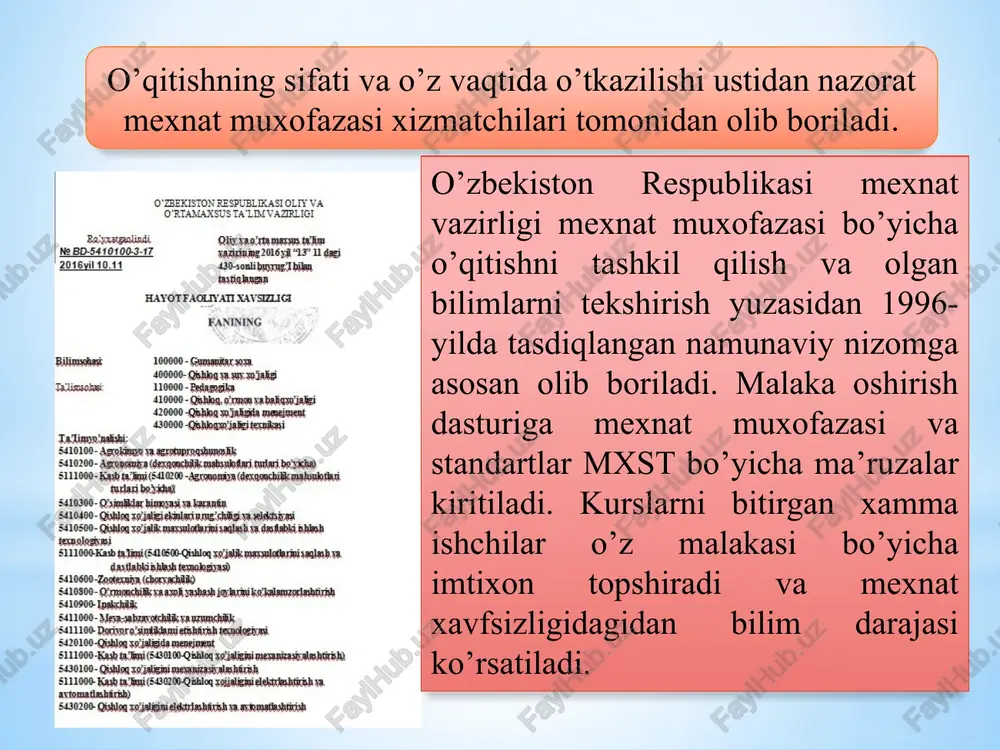 arini va ular ko’radigan chora-tadbirlarni amalga oshirish vazifasi bosh mutaxasislarning biri zimmasiga buyruq bilan yuklanadi. quyidagi chizmadan mexnatni muxofaza qilishning asosiy 4-yo’nalishlari bayon etiladi. xar-bir yo’nalishga quyidagi asosiy masalalar keltirilgan. 1.tashkiliy ishlar mexnat xavfsizligi bo’yicha ishlarning asosiy yo’nalishi. 4.mexnat xavfsizligi xolatini nazorat qilish. a) boshqarma b)kasaba uyushma v) mamuriyat 3.texnika xavfsizligini takomillashtirish. 2.ish sharoitini yaxshilash tashkiliy ishlarga yo’l yo’riqlar berish, ishchilarni maxsus kiyimlar va shaxsiy ximoya vositalar bilan taminlash, ishlab chiqarish uchastkalarini va yong’indan xavfli joylarni birlamchi o’t o’chirish vositalari bilan taminlash, mexnat xavfsizligi bo’yicha reja va tadbirlarni ishlab chiqish xavfsiz mexnat bo’yicha ishchilarni attestatsiyadan o’tkazishlar kiradi. ish sharoitini yaxshilash xonalarni isitilishini yaxshilash, namlikni yoritilganlikni meyorlashtirish, xonalarni zararli gazlar miqdorini aniqlash kiradi. texnika xavfsizligini takomillashtirish. to’siqlarni yaxshilash, ximoyalovchi vositalar avtomatik signalizatsiyalar va blakirovkalarni o’rganish va yuk ko’taradigon mexanizmlar sinovi va xujjatlashtirishni vaqti-vaqtida o’tkazish. mexnat xavsizligini nazorat qilish uch yo’nalishda amalga oshiriladi. boshqarma: viloyat tuman qishloq xo’jaligi boshqarmasi. bosh mutaxasislar: ishlab …