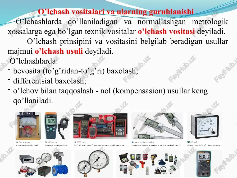 mdagi biror fizik kattalikni qayta o’lchash uchun mo’ljallangan o’lchash vositasi. masalan, qadoqtosh – massa o’lchovi. o’lchovlarga standart namunalar va namuna moddalar ham kiradi. standart namuna – modda va materialning xossalarini yoki tarkibini xarakterlovchi kattaliklarning birligini qayta tiklash uchun o’lchov. masalan, tarkibidagi ximiyaviy elementlari ko’rsatilgan ferromagnit materiallar xossalarining standart namunasi. namuna modda – tasdiqlangan spetsifikatsiyada ko’rsatilgan tayyorlash shartlari asosida tiklanadigan malum xossalarga ega bo’lgan moddadan iborat o’lchov. masalan, “toza” gazlar, “toza” metallar, “toza” suv. kuzatuvchi idrok qilish uchun qulay shakldagi o’lchov informatsiyasi signalini ishlab chiqishga xizmat qilinadigan o’lchov vositasi o’lchov asbobi deyiladi. o’lchashga doir axborotni uzatish, o’zgartirish, ishlov berish va saqlash uchun qulay bo’lgan, ammo kuzatuvchi bevosita idrok qilishi mumkin bo’lmaydigan shakldagi signalni ishlab chiqarish uchun xizmat qiladigan o’lchov vositasi o’lchash o’zgartkichi deb yuritiladi. i̇nson o’zining sezgi organlari bilan o’lchash o’zgartkichi signallarini qabul kila olmaydi. o’zgartiriladigan fizik kattalik kirish kattaligi, uning o’zgartirilgani esa chiqish kattaligi deyiladi. kirish va chiqish kattaliklari orasidagi …