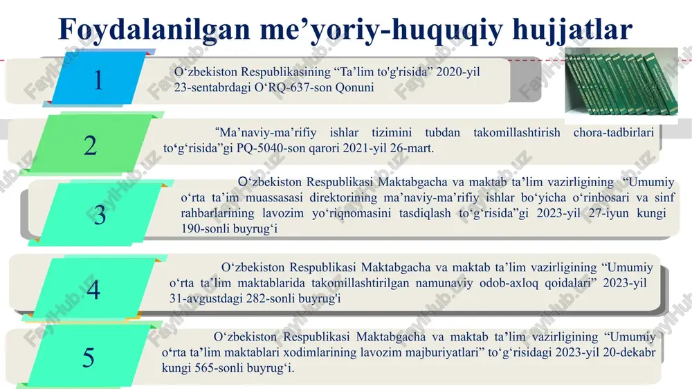 rifiy tadbirlarni zamon talabi asosida yangi yo‘ndashuvlarga tayangan holda o’tkazish. chora-tadbir t/r muammo amalga oshirish mexanizmi ma’sullar muddati natija 1 ma’naviy-ma’rifiy tadbirlarni zamon talabi asosida yangi yo‘ndashuvlarga tayangan holda o’tkazish. 1.maktabda ma’naviy-ma’rifiy mavzularda tadbirlar tashkil qilish. 2. sport musobaqalarining turi va sonini ko’paytirish. maktab direktori, o'rinbosarlari va jismoniy tarbiya o‘qituvchilari 2024-2025- o‘quv yilining har oyida o‘quvchilarning maktabga bo‘lgan muhabbati oshirilib, bo‘sh vaqtlari samarali o‘tadi. 2 ota-onalar bilan hamkorlikni sustligi 1.ota-onalar bilan muntazam uchrashuvlar o‘tkazish 2. ota-onalarning maktab hayotidagi roli va tajribasini oshirish,bunda telegram va facebook, e-makatb imkoniyatlaridan keng foydalanish maktab rahbarlari va sinf rahbarlari 2024-2025- o‘quv yilining har choragida ta’lim-tarbiya jarayonida ota-onalarning roli oshadi. ‘ chora-tadbir 13 t/r muammo amalga oshirish mexanizmi ma’sullar muddati natija 3 o‘quvchilardan ma’lumotlar yig‘ilmasligi va tahlil qilinmasligi so‘rovnomalar orqali ma'lumotlar yig'ilib, yig'ilgan ma'lumotlarni tahlil qilish mmibdo‘ psixolog 2024-2025- o‘quv yilining har choragida olingan so‘rovnomalar asosida kerakli xulosalar olinadi. 4 innovatsiyalarni joriy etishning sustligi o‘quvchilarning ma’naviy-ma’rifiy …