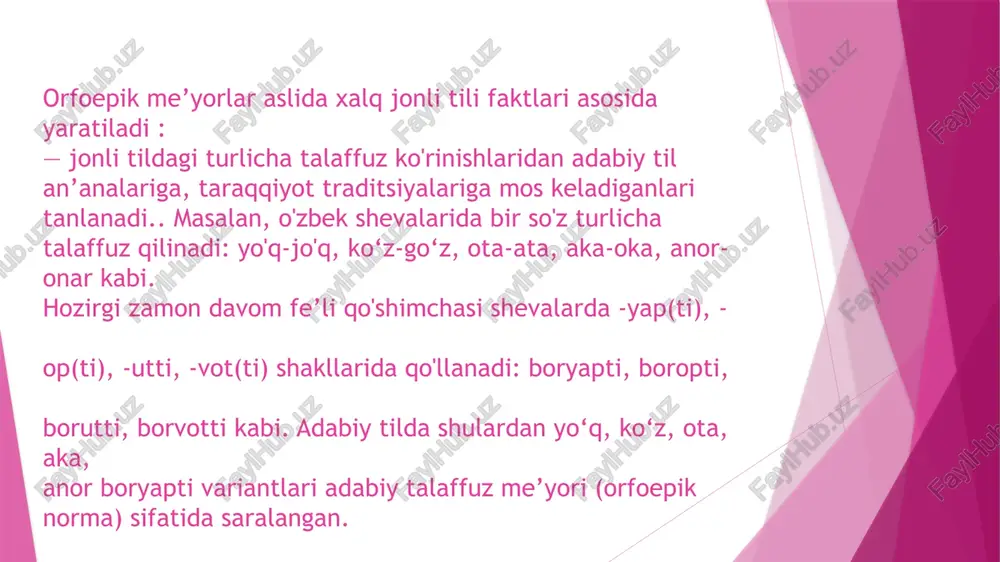 go kabi. 3. fe'llarda: a) ong+ia > angla, son +a > sanaf yosh+a > yasha kabi; b) ek+gan > ekkan, ket+gan > ketkan, oq+gan > oqqan, tush+gan > tushkan kabi. 4. olmoshlarda: u+n+da > unda, bu+n+da > bunda, shu+n+da > shunda (bir«n» orttiriladi), men+ning > mening, > sening 5. bir so'zidan dona son yasalganda, o'zakdagi «r» undoshi «t»ga o'tadi: bir+ta > bitta kabi. boshqa tillardan o'zlashtirilgan ayrim so'zlar orfoepiyasi : 1. turkiy tillarda, ma'lumki, “f”undoshi bo’lmagan, shuning uchun jonli so'zlashuvda arab, fors va rus tillaridan o'zlashgan so'zlardagi «f» ni «r» deb talaffuz qilish hollari uchraydi: ulfat > ulpat, faner> paner, ferma > perma kabi. hozirgi o'zbek adabiy tilida ularni «f» bilan talaffuz qilish me'yor holiga kelgan. 2. so'z yoki bo'g'in boshida undosh tovushlarning qatorlashib kelishi turkiy tillarga xos bo'lmagan. bu hodisa keyinchalik boshqa tillardan o'zlashtirilgan so'zlar talaffuziga ham ta'sir qilgan — jonli so'zlashuvda so'z yoki bo'g'in boshida yoxud bo'g'indagi ikki …