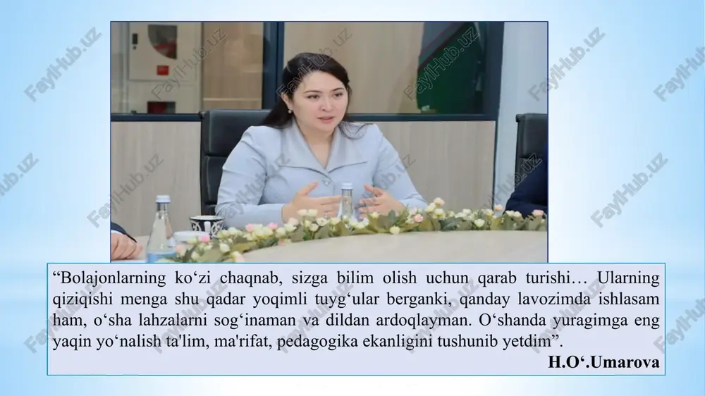 ilarining kasbiy rivojlanishi uchun seminarlar, konferensiyalar va kurslar tashkil qiladi. mavzu yuzasidan xulosa maktab direktori muassasani malakali kadrlar bilan taʼminlash va ular oʻrtasida vazifalarni oqilona va adolatli taqsimlab berishi kerak. pedagog xodimlar ijro hamda mehnat intizomiga rioya qilinishini nazoratini olib borish, xodimlarning kasbiy mahoratini oshirish uchun shart-sharoitlar yaratib berish, oʻqituvchilarning tashabbuskorligi va faolligini oshirish, hamda pedagog xodimlarni ragʻbatlantirishni tashkil qilsh, jamoada sogʻlom maʼnaviy-ruhiy, xavfsiz va ragʻbatlantiruvchi muhitni yaratish; jamoaning maqsad hamda vazifalariga to‘g‘ri yondashib, samarali ish uslublarini joriy etish va jamoa a‘zolarini o‘z vaqtida qo‘llab-quvvatlasa u jamoada sog‘lom va ijobiy muhitni shakillanadi hamda yuqori malakli sog‘lom va raqabotbardosh kardlar, ta’lim jonkuyari va maktab fidoyisi bo‘lib xizmat qiladi. t/r muammo muommoning yechimini amalga oshirish mas‘ullar muddati natija 1 rahbarlar tomonidan o‘qituvchilarning erishgan natijalarini e’tirof etish va rag‘batlantirish yetarli darajada bo‘lmayotganligi. o‘zbekiston respublikasi xalq ta’limi vazirligi tizimidagi umumiy o‘rta ta’lim muassasalarida pullik ta’lim xizmatlarini ko‘rsatish tartibi to‘g‘risida vazirlar mahkamasining 2019-yil 22-apreldagi 343-son …