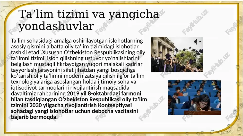 nini qabul qilish; oʻzbekiston yoshlari portalini tashkil etish va unda yoshlar siyosatini baholash milliy indekslari, yoshlarga oid qonun hujjatlari bazasini va “yoshlar murojaati” elektron platformasini shakllantirish; “yoshlar: 1+1” dasturi doirasida uyushmagan va ishsiz yoshlarni kasb-hunar va tadbirkorlikka oʻqitish; “hunarli kishi xor boʻlmas” gʻoyasi asosida usta hunarmandlar qoʻlida ishsiz yoshlarga kasb-hunar oʻrgatish maqsadida hududlarda “ustoz-shogird” anʼanasini yangi tizimda joriy etish kabi bir qator vazifalar belgailab berilgan image1.png image2.png image3.png image4.png image5.png image6.png image7.png image8.png image9.png image10.png image11.png image12.png image13.png image14.png image15.png image16.png image17.png /docprops/thumbnail.jpeg