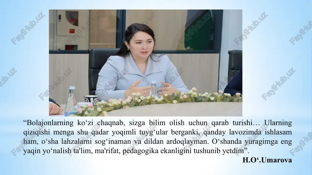 ktorlari o‘qituvchilarining kasbiy rivojlanishi uchun seminarlar, konferensiyalar va kurslar tashkil qiladi. mavzu yuzasidan xulosa maktab direktori muassasani malakali kadrlar bilan taʼminlash va ular oʻrtasida vazifalarni oqilona va adolatli taqsimlab berishi kerak. pedagog xodimlar ijro hamda mehnat intizomiga rioya qilinishini nazoratini olib borish, xodimlarning kasbiy mahoratini oshirish uchun shart-sharoitlar yaratib berish, oʻqituvchilarning tashabbuskorligi va faolligini oshirish, hamda pedagog xodimlarni ragʻbatlantirishni tashkil qilsh, jamoada sogʻlom maʼnaviy-ruhiy, xavfsiz va ragʻbatlantiruvchi muhitni yaratilsa; pedagogik jamoaning ishini to‘g‘ri tashkil qilish lozimdir. jamoaning maqsad hamda vazifalarini to‘g‘ri belgilab, samarali ish uslublarini joriy etish va jamoa a‘zolarini o‘z vaqtida qo‘llab-quvvatlasa u jamoada sog‘lom va ijobiy muhitni shakillanadi hamda yuqori malakli sog‘lom va raqabotbardosh kardlar, ta’lim jonkuyari va maktab fidoyisi bo‘lib xizmat qiladi. t/r muammo muommoning yechimini amalga oshirish mas‘ullar muddati natija 1 rahbarlar tomonidan o‘qituvchilarning erishgan natijalarini e’tirof etish va rag‘batlantirish yetarli darajada bo‘lmayotganligi. o‘zbekiston respublikasi xalq ta’limi vazirligi tizimidagi umumiy o‘rta ta’lim muassasalarida pullik ta’lim xizmatlarini …