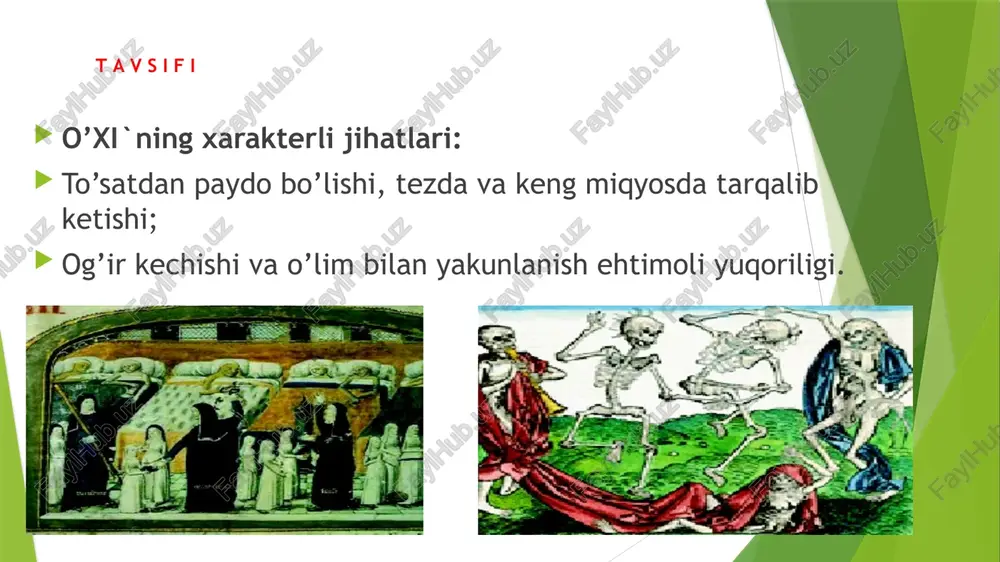 h bilan davom etmoqda. vabo epidemiyasining tarixiy kontekstini tushunish kelajakdagi epidemiyalarni nazorat qilish va oldini olish, pirovardida butun dunyo bo'ylab aholi farovonligini ta'minlash uchun samarali strategiyalarni ishlab chiqishda juda muhimdir. 3. vabo tarqalishini nazorat qilish strategiyalari yuqtirilgan shaxslarni izolyatsiya qilish va vabo tarqalishining oldini olish uchun qat'iy karantin choralarini qo'llash epidemiyalarni nazorat qilishda juda muhimdir. 01 samarali kuzatuv tizimlari orqali vabo holatlarini tezkor aniqlash erta oldini olish harakatlariga va yuqishni cheklash uchun maqsadli javob strategiyalariga imkon beradi. 03 vabo epidemiyasiga qarshi samarali kurashish uchun resurslarni muvofiqlashtirish, axborotni tarqatish va yordamni safarbar qilish uchun mahalliy sog'liqni saqlash organlari, jamoat rahbarlari va xalqaro tashkilotlar bilan hamkorlik qilish muhim ahamiyatga ega. 02 o’ta xavfli va karantin guruhidagi yuqumli kasalliklar aniqlanganda xabar berish tartib o’ta xavfli va karantin guruhidagi yuqumli kasalliklar aniqlanganda tibbiy xodimlarning vazifalari tibbiyot hodimlari bemorlarni qabul qilishni darxol to’xtatadi eshik derazalar berkitiladi,xonadagi pashshalar o’ldiriladi suv tarmog’i jo’mraklari ventilyatsion va boshqa havo …